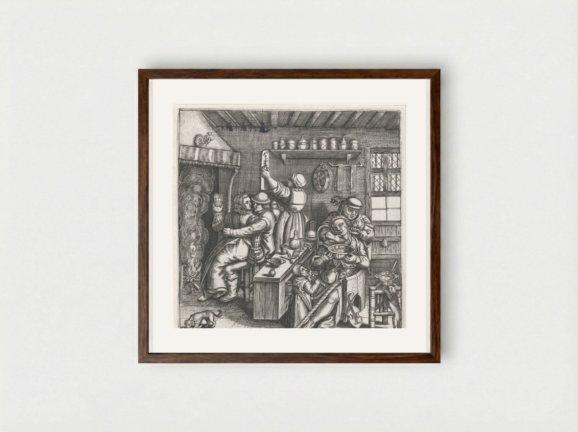 Het scheren van de zot - Johann Theodor de Bry - Framed Print Dark Wood