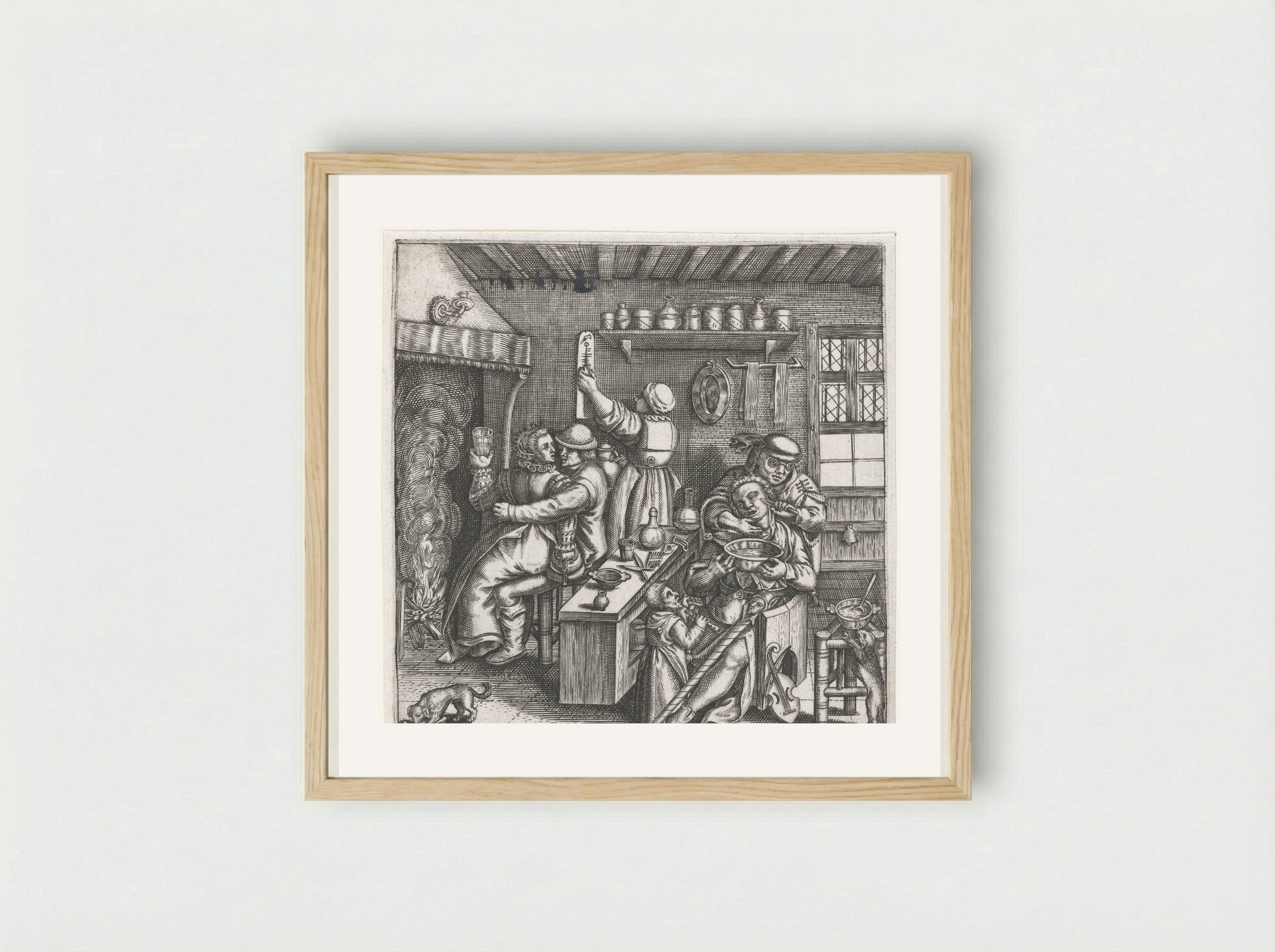 Het scheren van de zot - Johann Theodor de Bry - Framed Print Wood