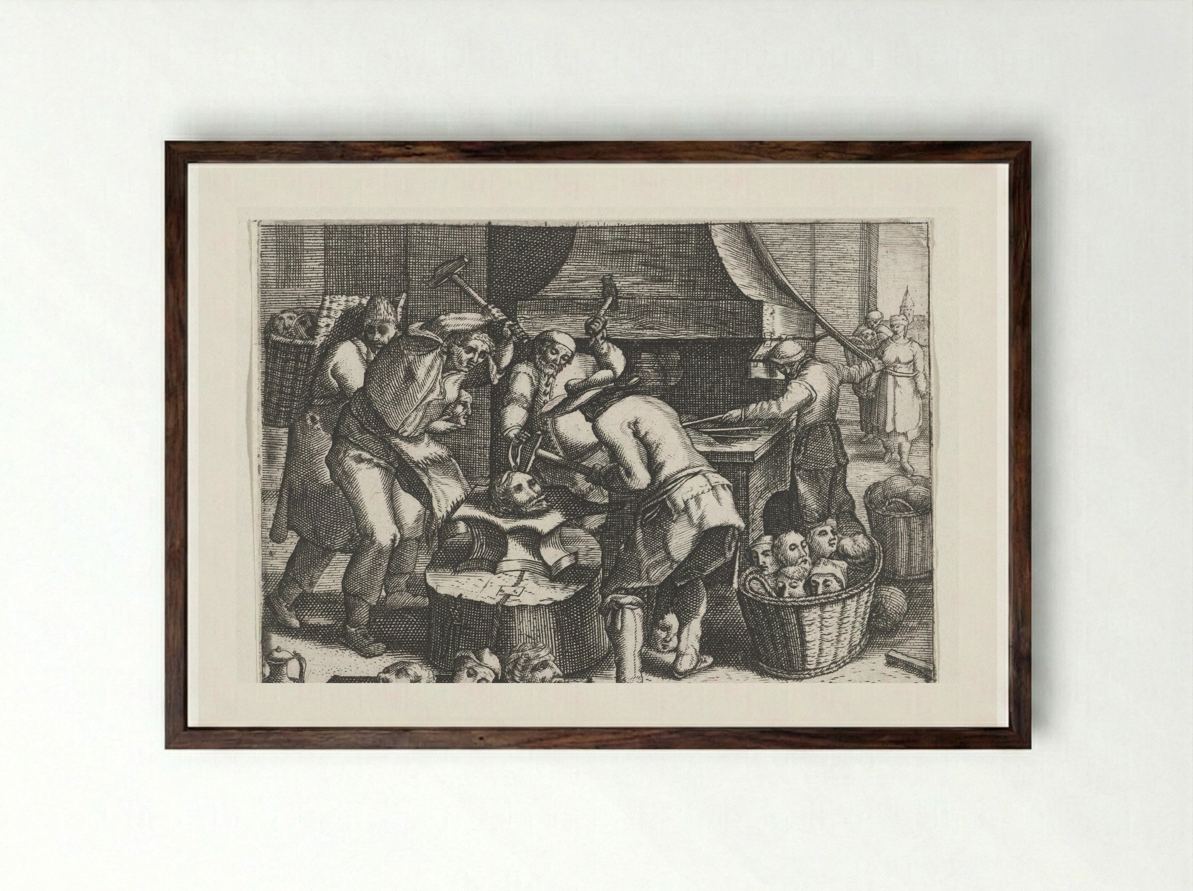 Het smeden der hoofden - Johann Theodor de Bry - Framed Print Dark Wood