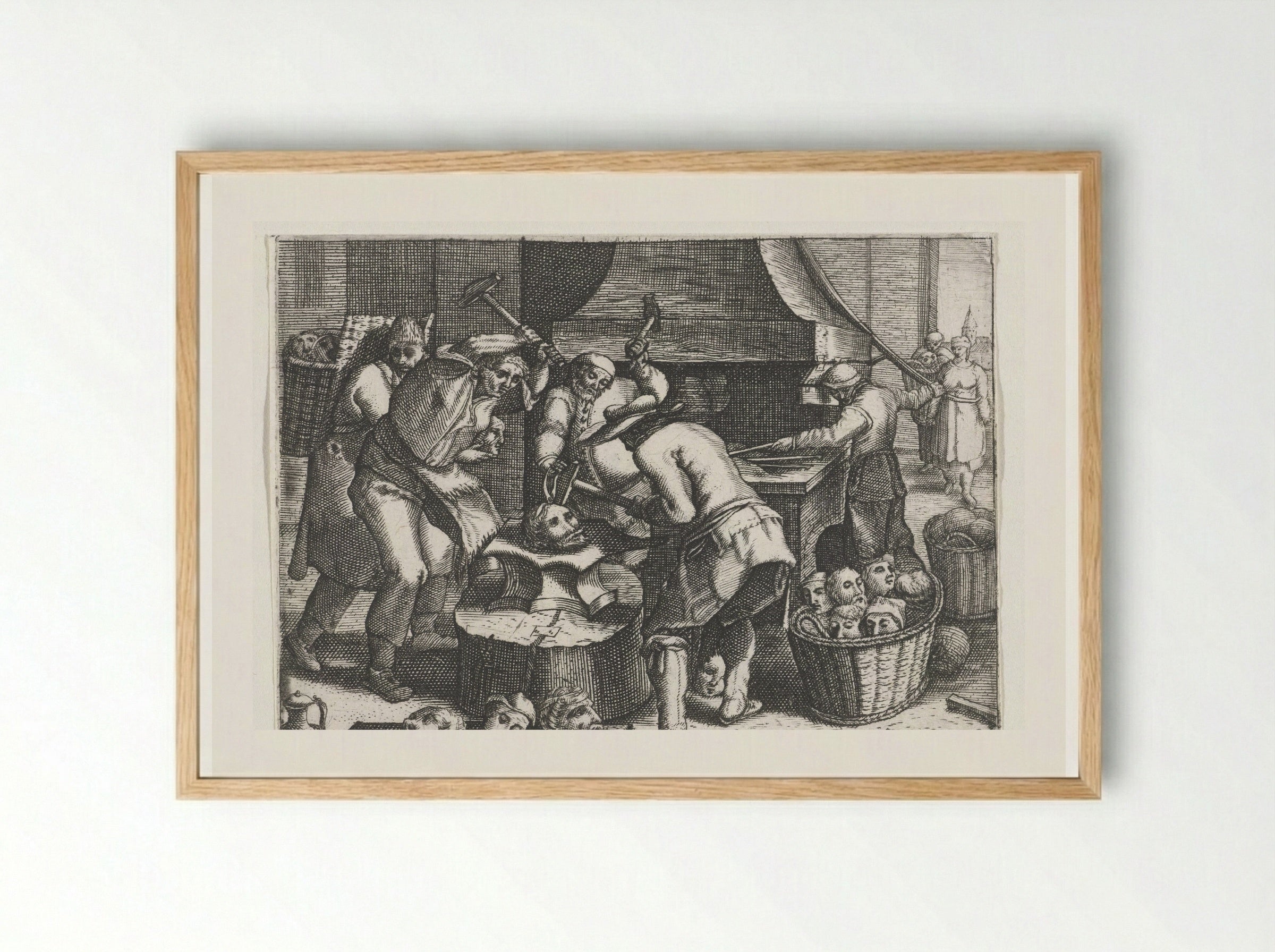 Het smeden der hoofden - Johann Theodor de Bry - Framed Print Wood