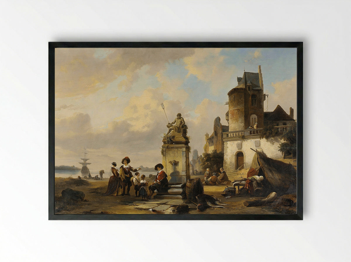 Het vertrek van boten uit een dorp - Henri Adolphe Schaep - Framed Print Black