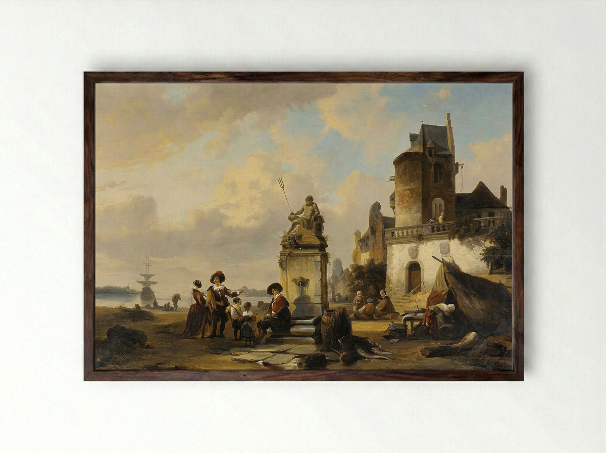 Het vertrek van boten uit een dorp - Henri Adolphe Schaep - Framed Print Dark Wood