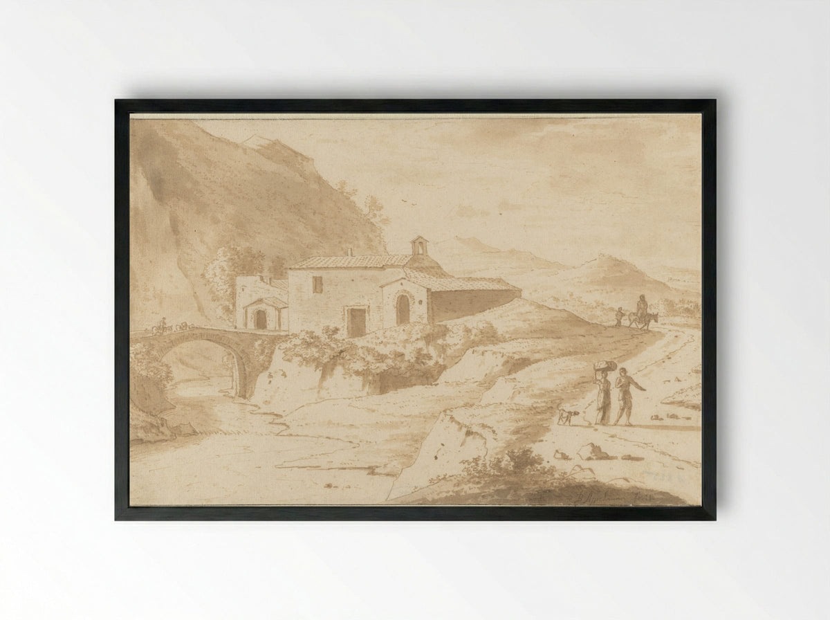 Heuvellandschap met een kapel bij een brug - Bartholomeus Appelman - Framed Print Black