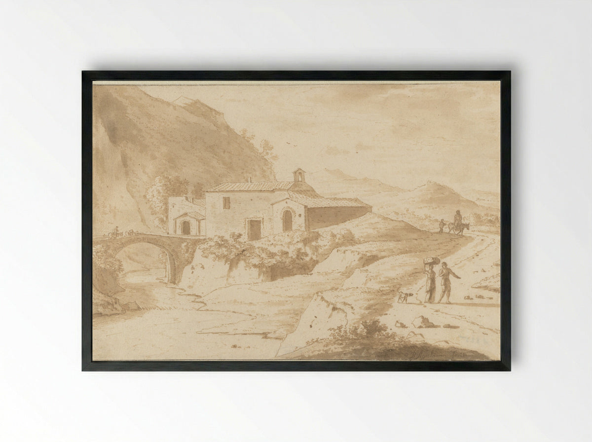 Heuvellandschap met een kapel bij een brug - Bartholomeus Appelman - Framed Print Black