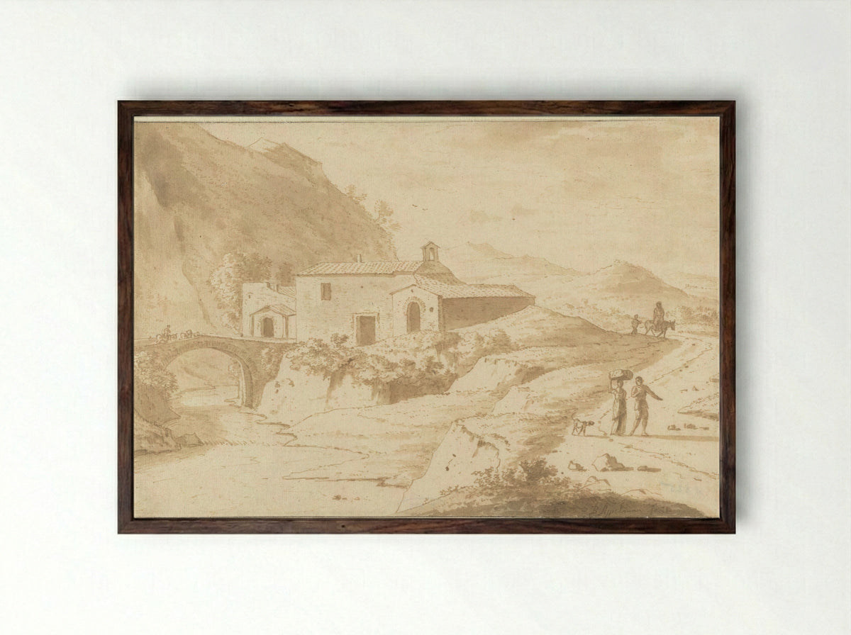 Heuvellandschap met een kapel bij een brug - Bartholomeus Appelman - Framed Print Dark Wood