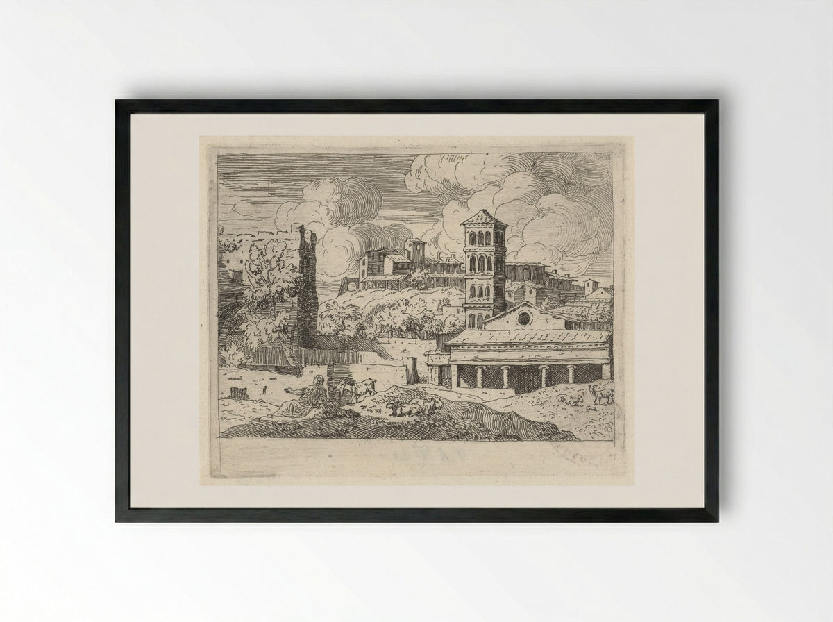 Heuvellandschap met gezicht op een stad - Govert van der Leeuw - Framed Print Black