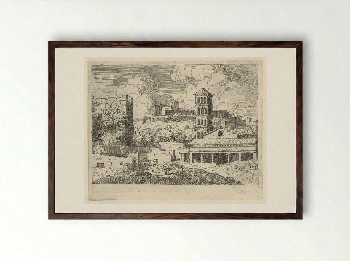 Heuvellandschap met gezicht op een stad - Govert van der Leeuw - Framed Print Dark Wood
