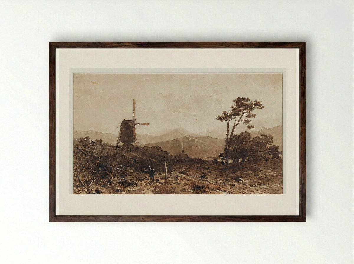 Heuvellandschap met links een molen - Johan Hendrik Weissenbruch - Framed Print Dark Wood