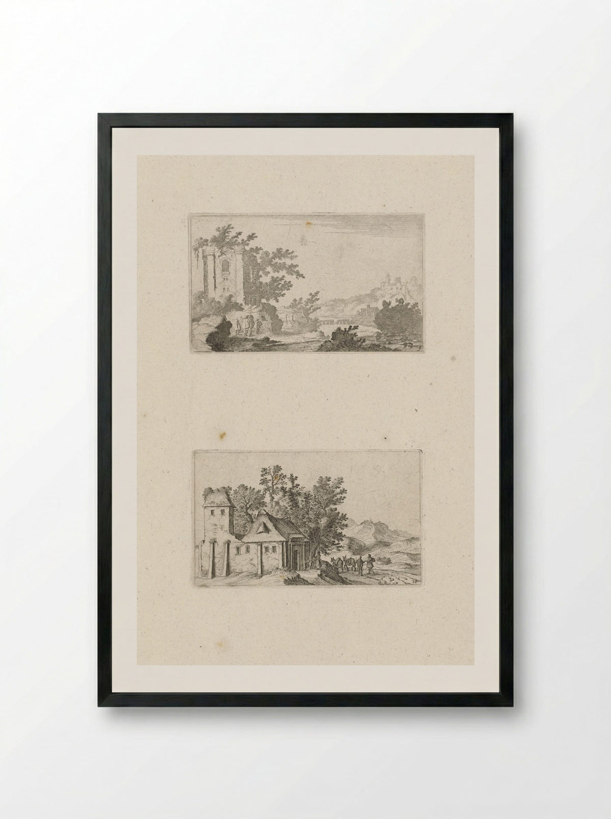 Heuvellandschap met ruïne en een boerderij in een heuvelland - Gillis van Scheyndel (I) - Framed Print Black