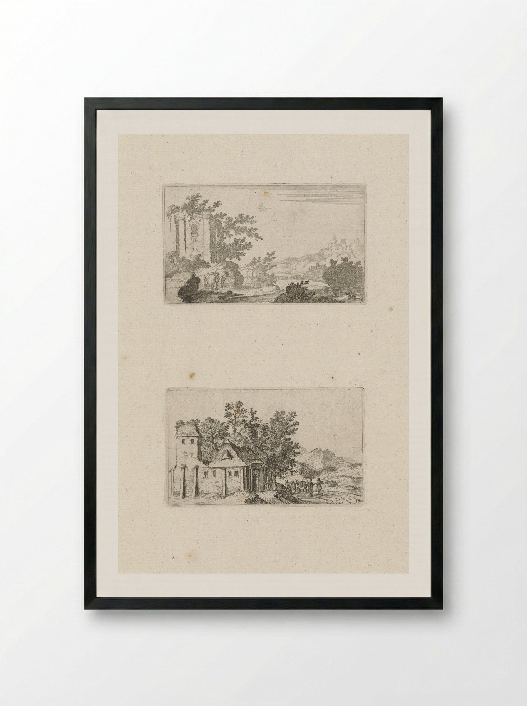 Heuvellandschap met ruïne en een boerderij in een heuvelland - Gillis van Scheyndel (I) - Framed Print Black