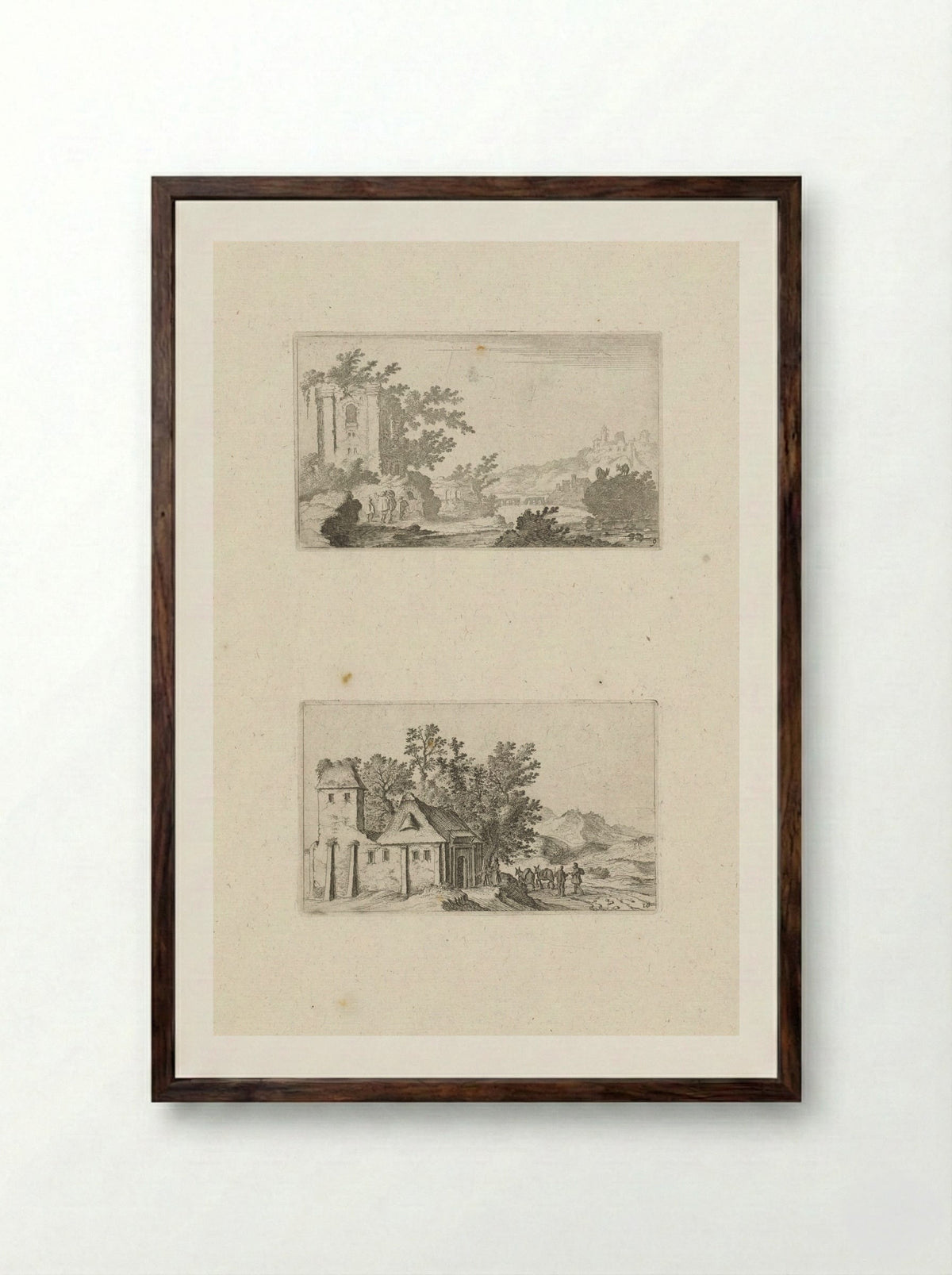 Heuvellandschap met ruïne en een boerderij in een heuvelland - Gillis van Scheyndel (I) - Framed Print Dark Wood