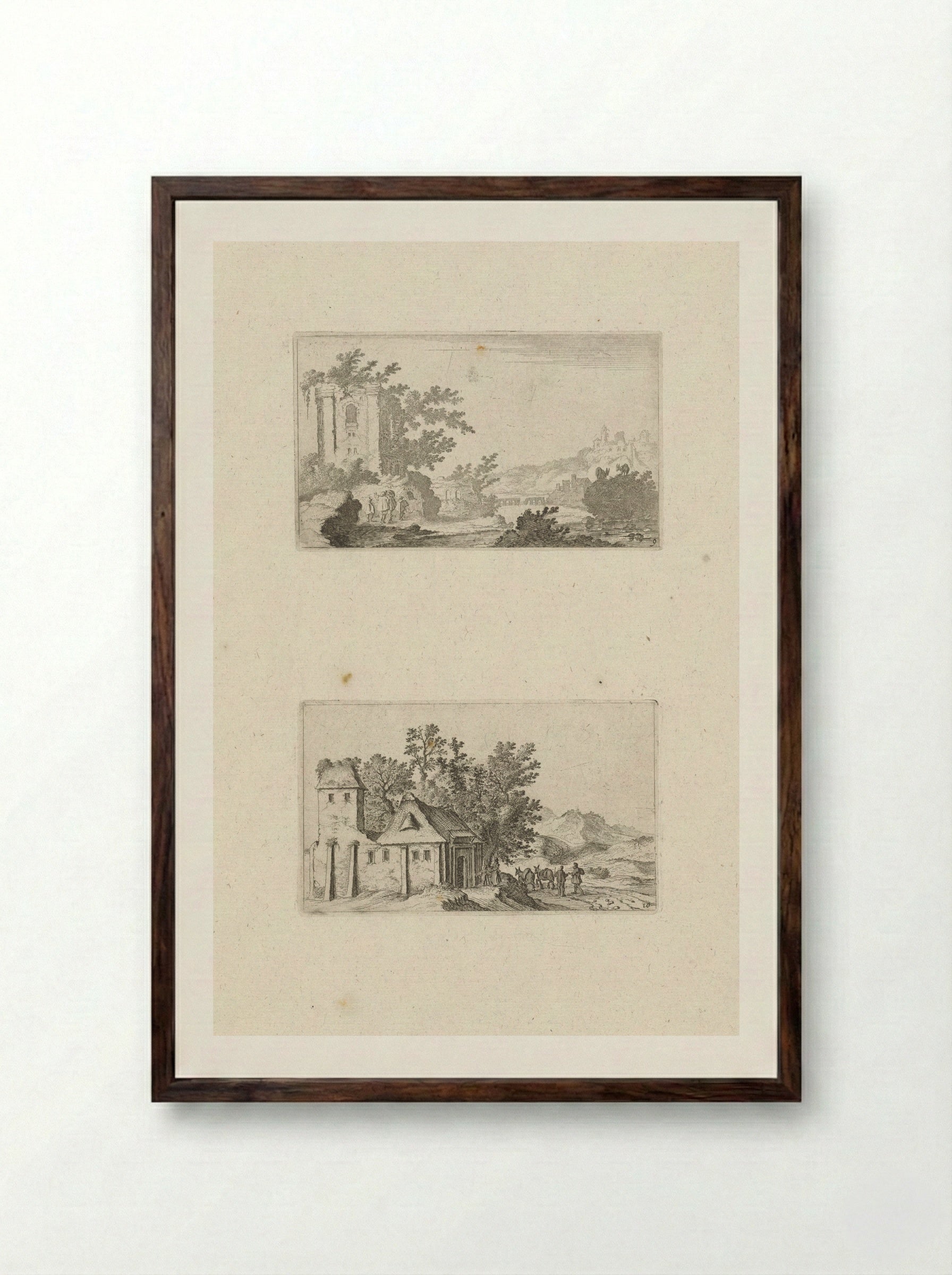 Heuvellandschap met ruïne en een boerderij in een heuvelland - Gillis van Scheyndel (I) - Framed Print Dark Wood