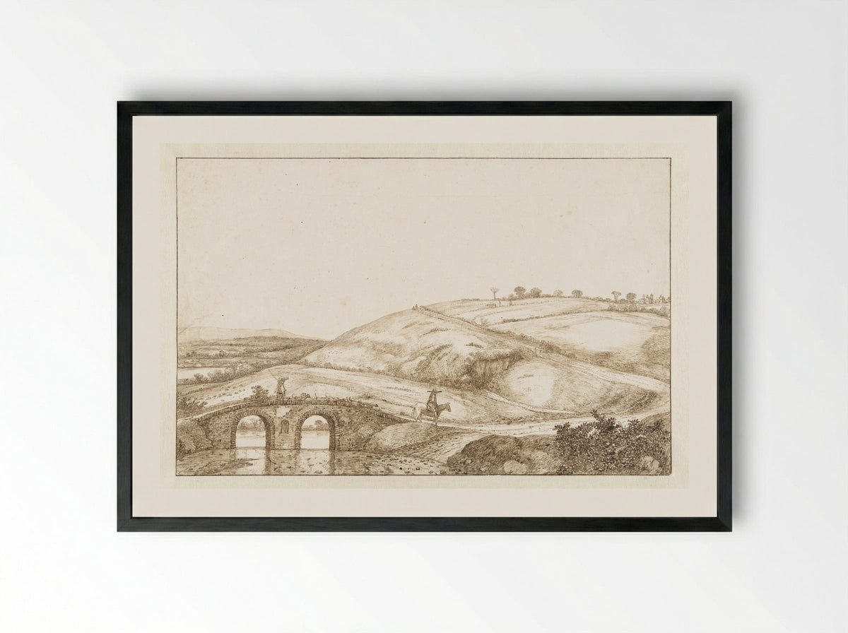 Heuvellandschap met stenen brug - Cornelis Hendriksz. Vroom - Framed Print Black