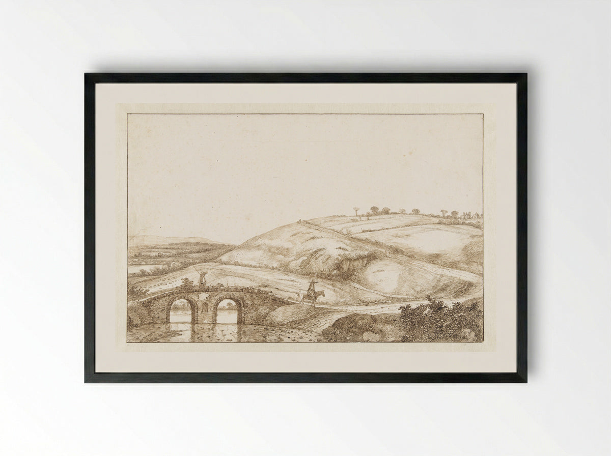 Heuvellandschap met stenen brug - Cornelis Hendriksz. Vroom - Framed Print Black