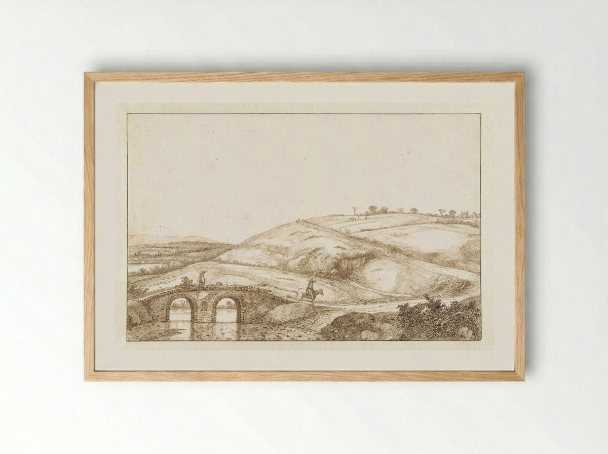Heuvellandschap met stenen brug - Cornelis Hendriksz. Vroom - Framed Print Wood