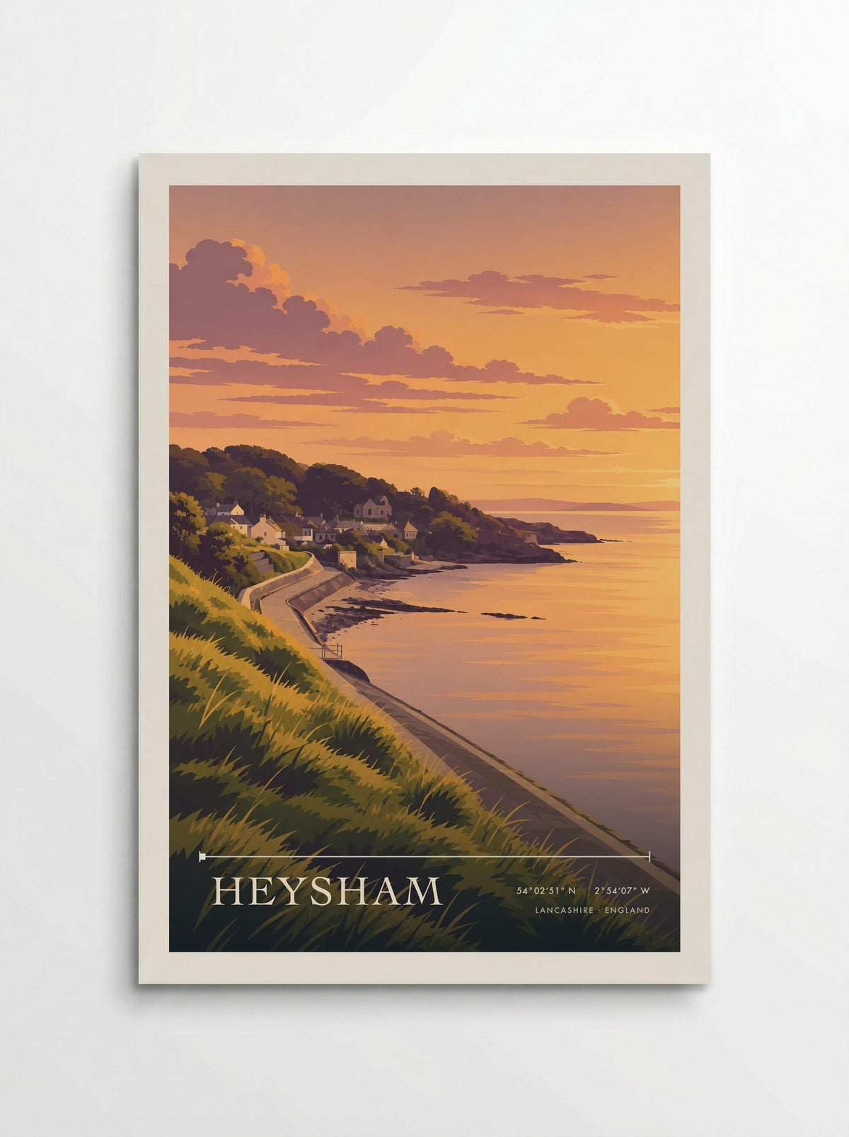 Heysham, Lancashire travel poster: Morecambe Bay glowing beneath peach evening clouds