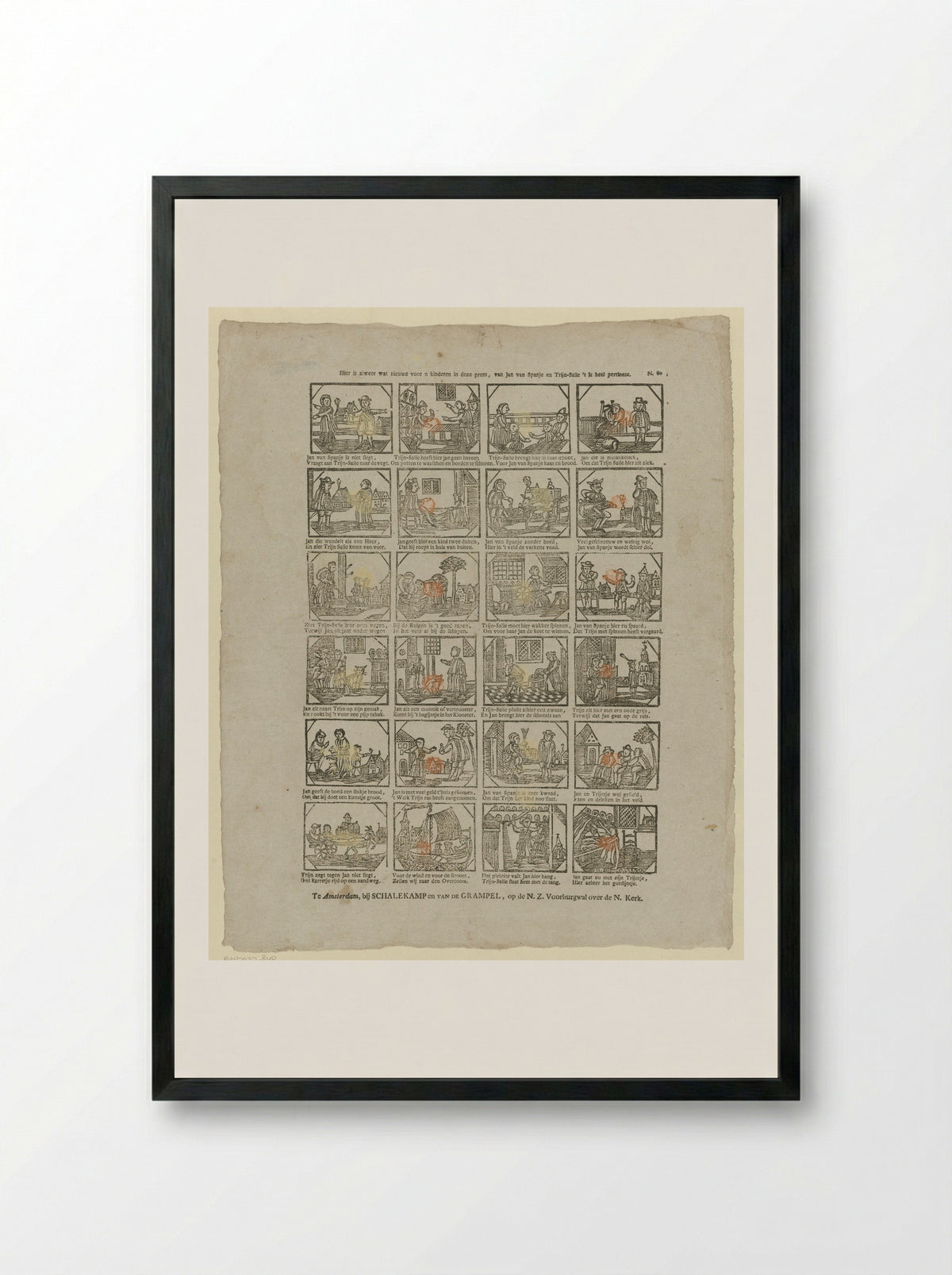 Hier is alweer wat nieuws voor u kinderen in deze prent, van Jan van Spanje en Trijn-Salle 't is heel pertinent - Jan de Lange (II) - Framed Print Black