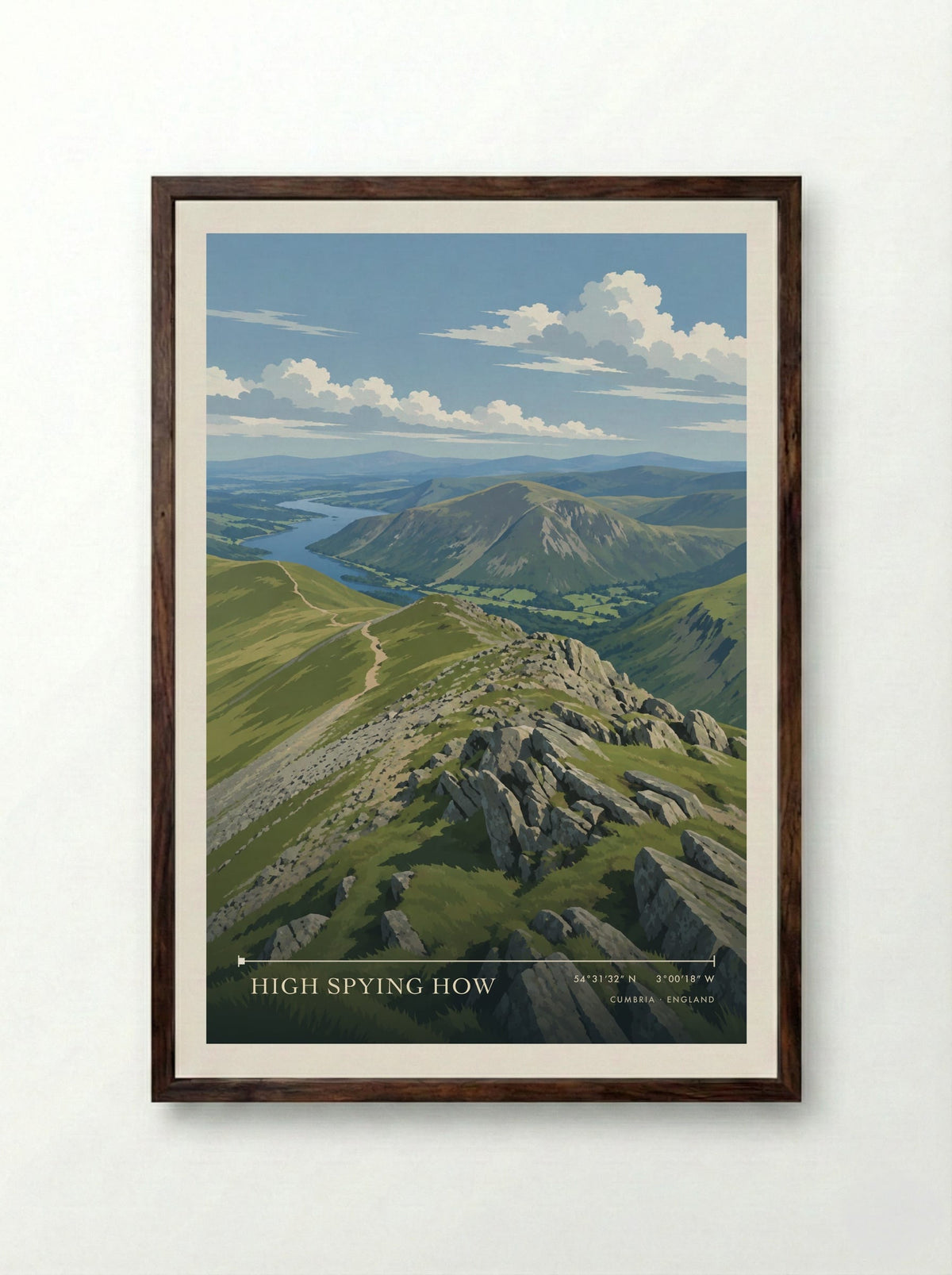 High Spying How, Cumbria | Travel Poster - Framed Print Dark Wood