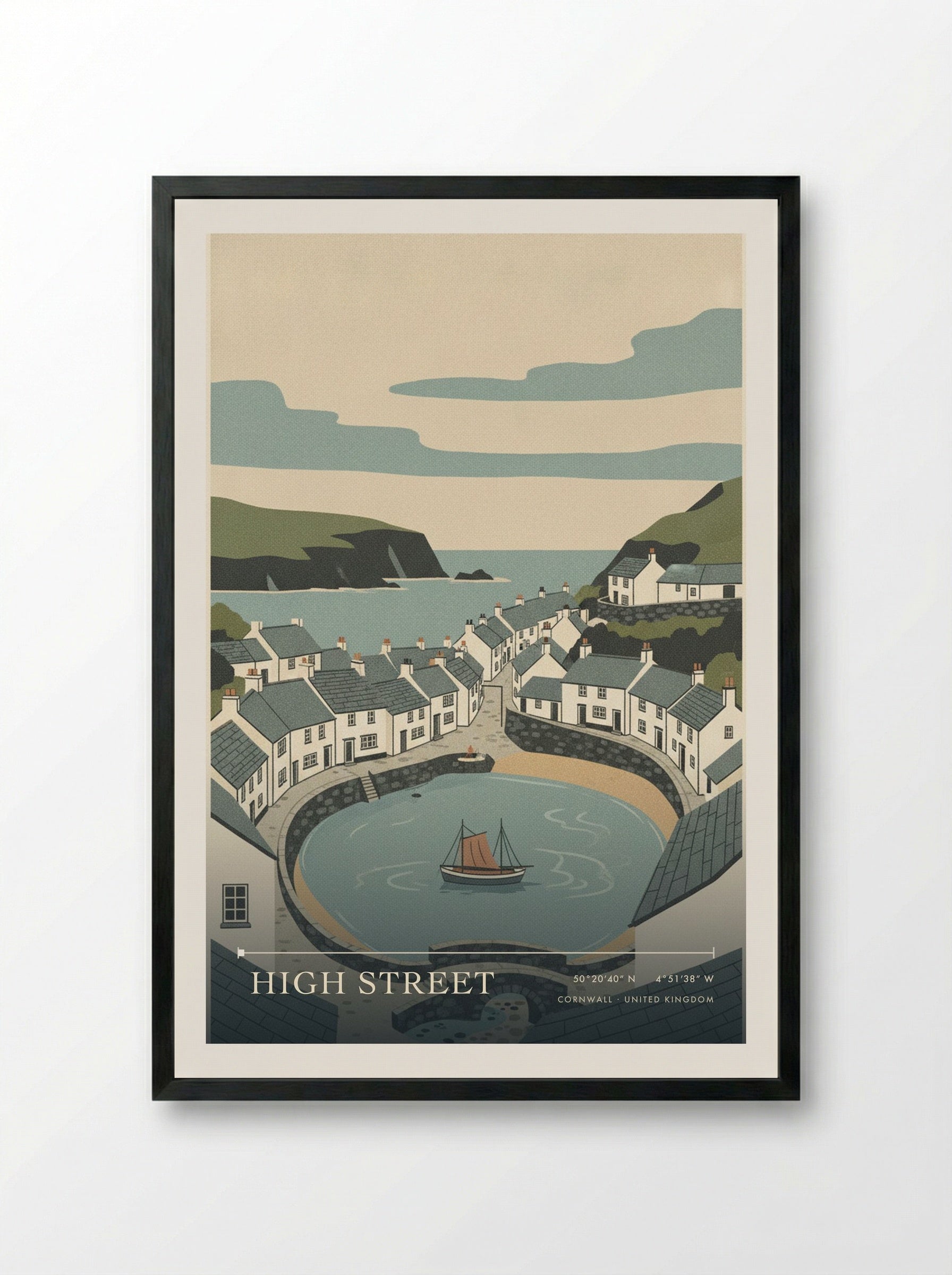 High Street Cornwall United Kingdom Travel Poster - Framed Print Black