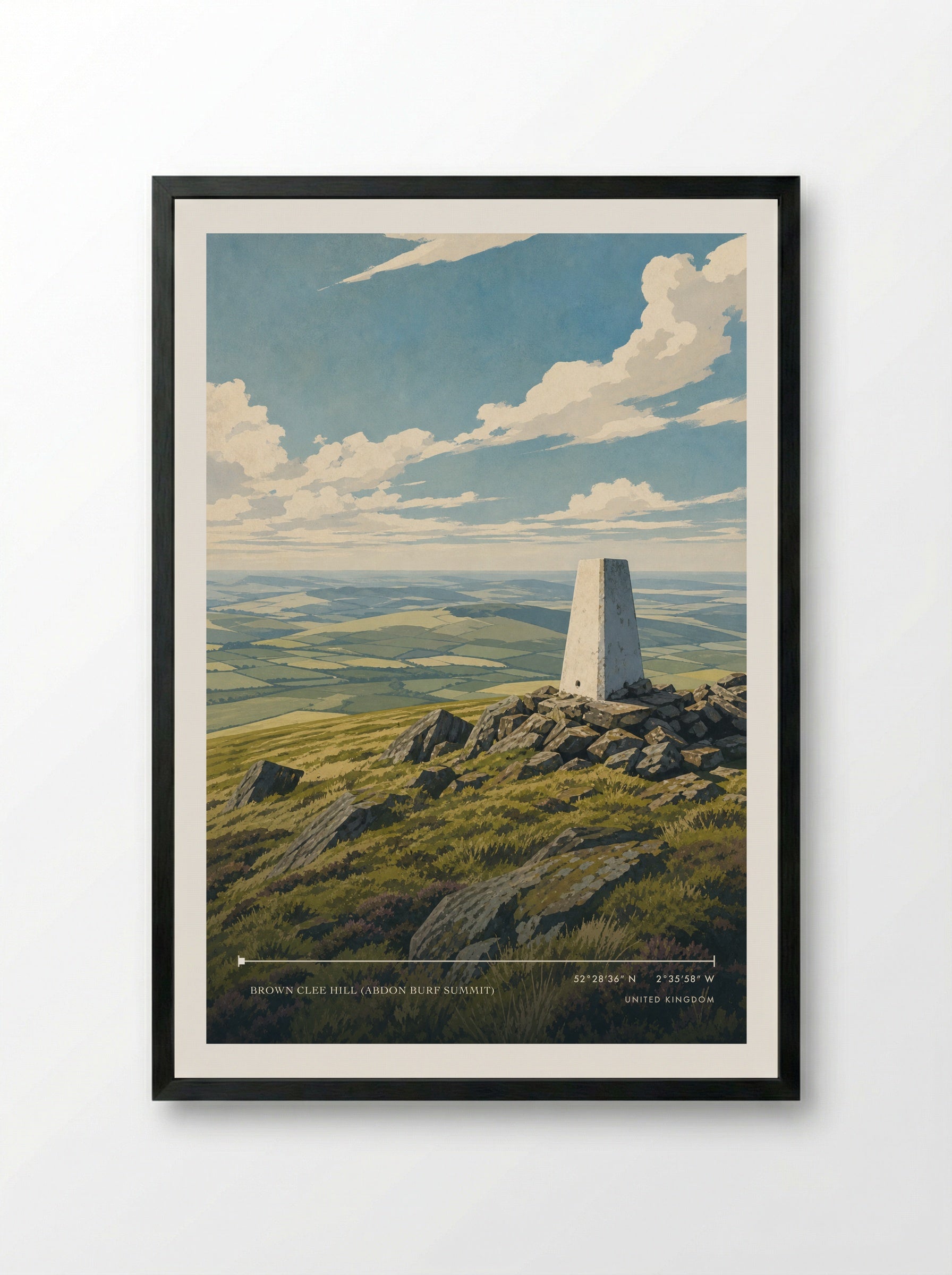 Highest point: Brown Clee Hill, at 540m United Kingdom Travel Poster - Framed Print Black