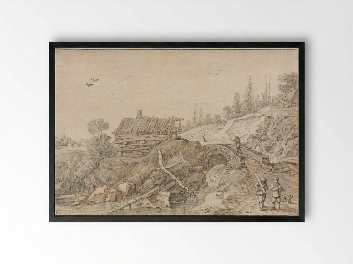 Hilly Landscape with Hut Beside a Stream - Esaias van de Velde - Framed Print Black