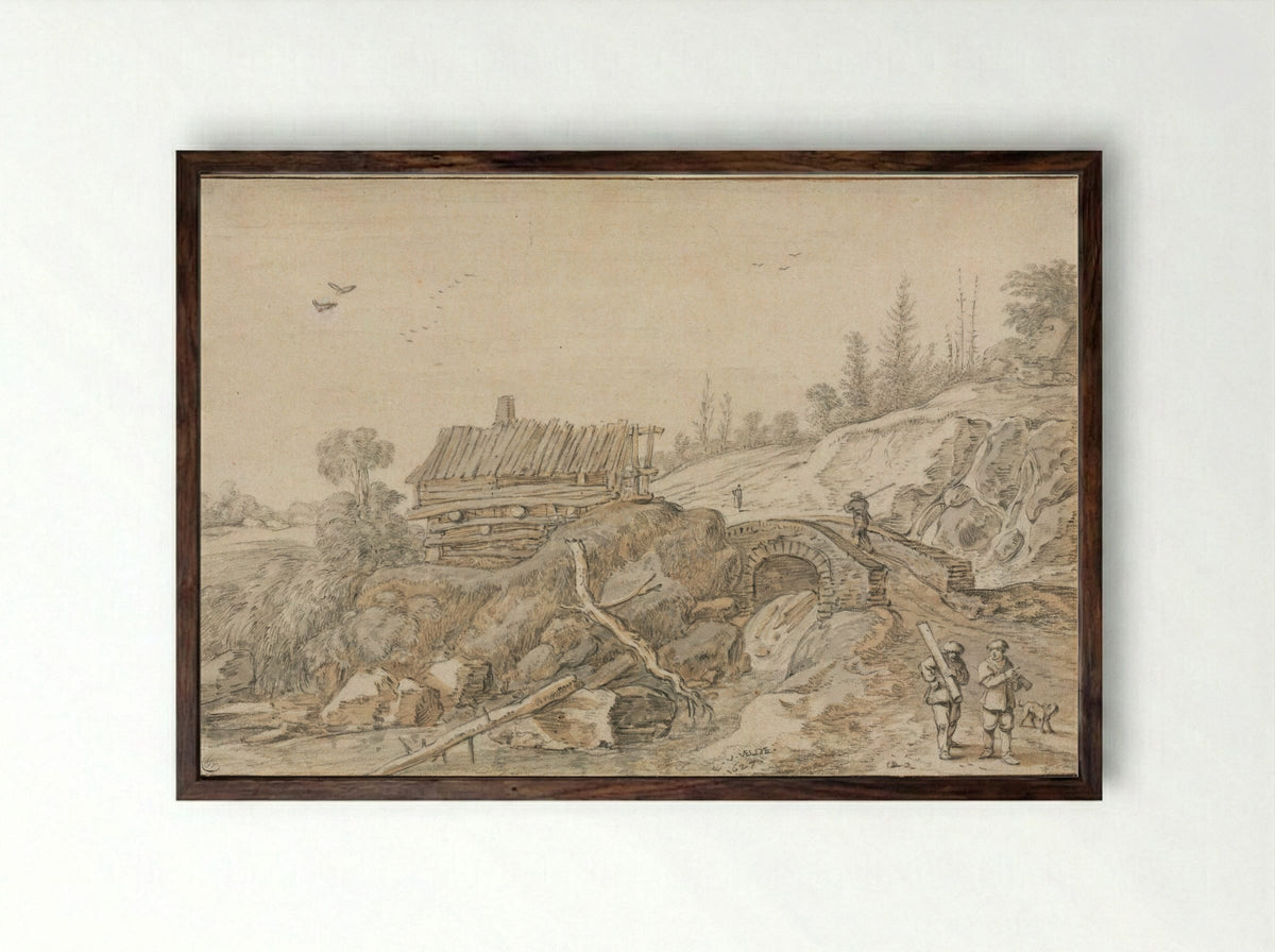 Hilly Landscape with Hut Beside a Stream - Esaias van de Velde - Framed Print Dark Wood
