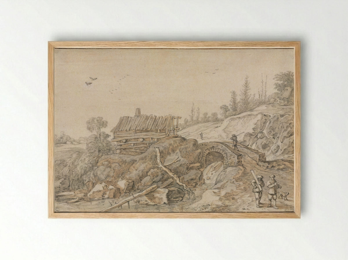 Hilly Landscape with Hut Beside a Stream - Esaias van de Velde - Framed Print Wood