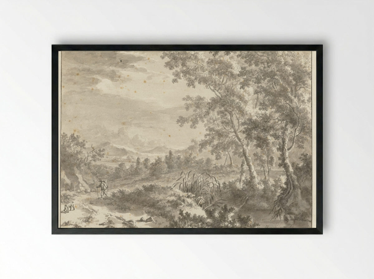 Hilly Landscape with Tall Trees and a Traveller - Frederik de Moucheron - Framed Print Black