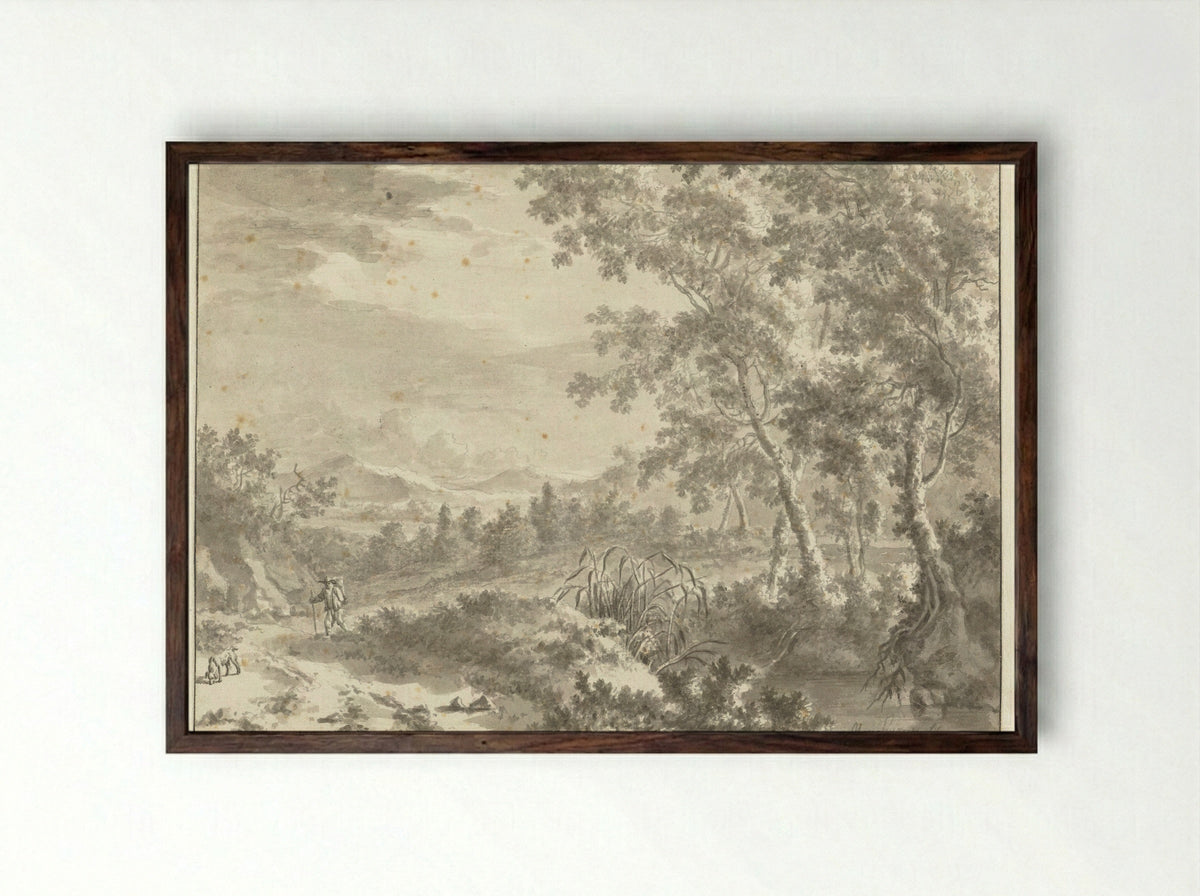 Hilly Landscape with Tall Trees and a Traveller - Frederik de Moucheron - Framed Print Dark Wood