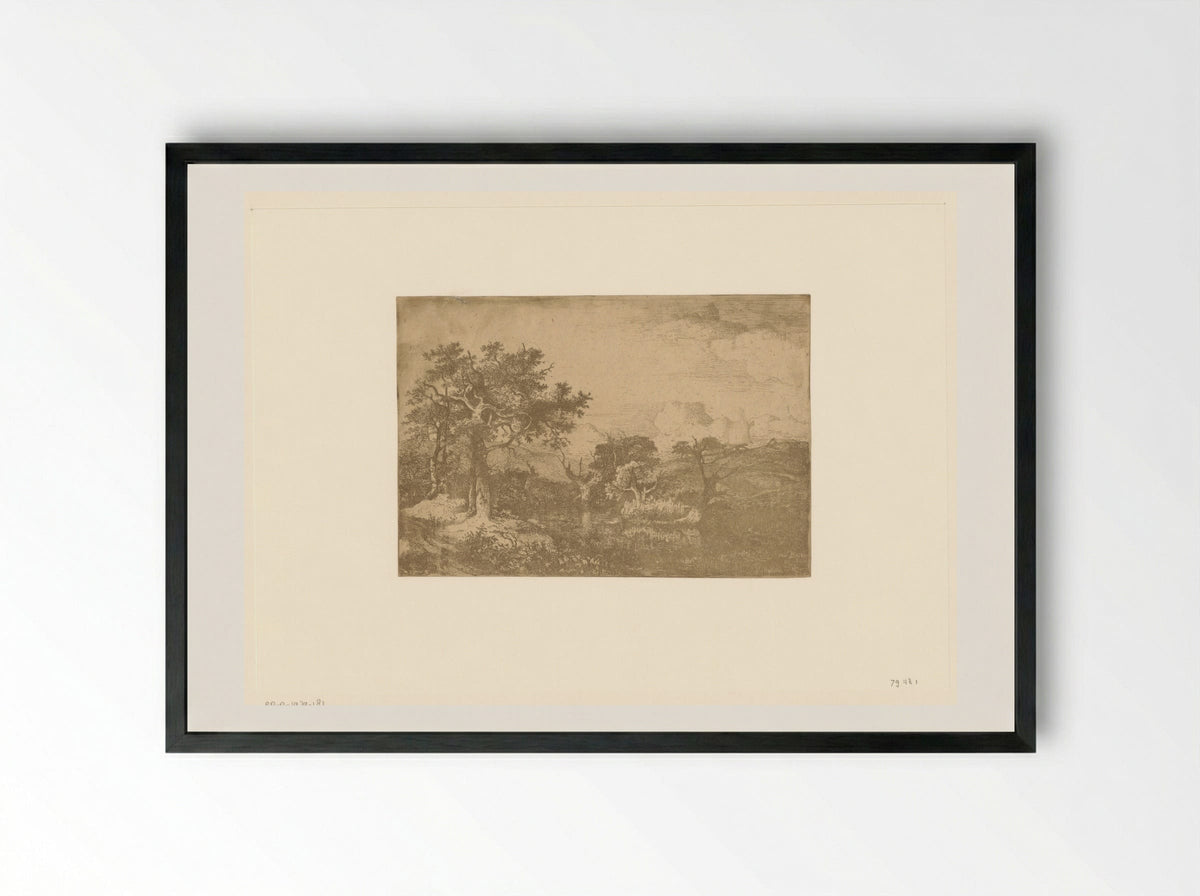 Hilly Landscape with Trees and a Windmill near Deopham - John Crome - Framed Print Black