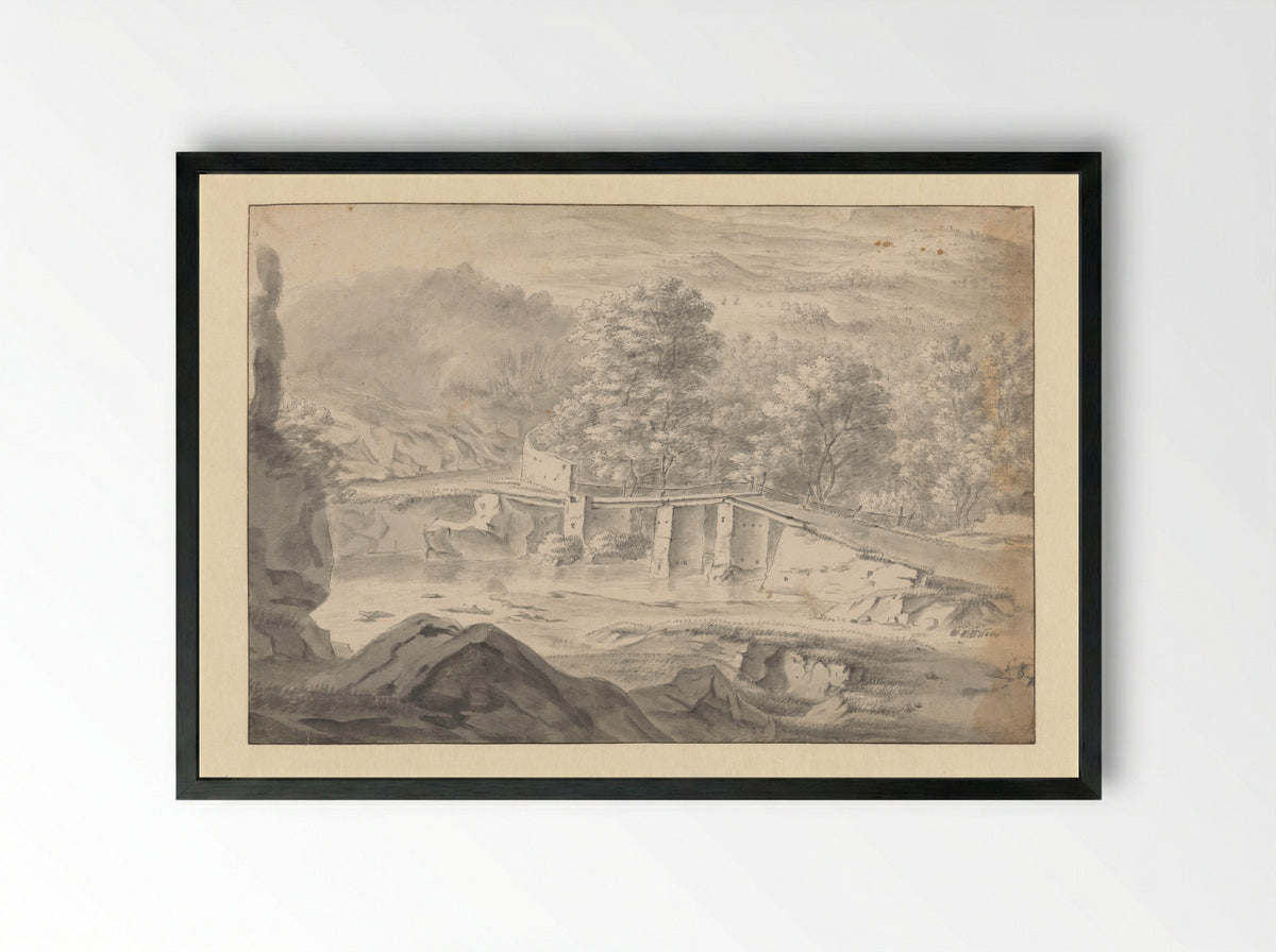 Hilly Landscape with a Bridge over a River - Philips Augustijn Immenraet - Framed Print Black