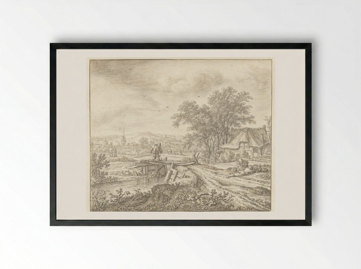Hilly Landscape with a Farmhouse by a Small Bridge - Herman Saftleven - Framed Print Black