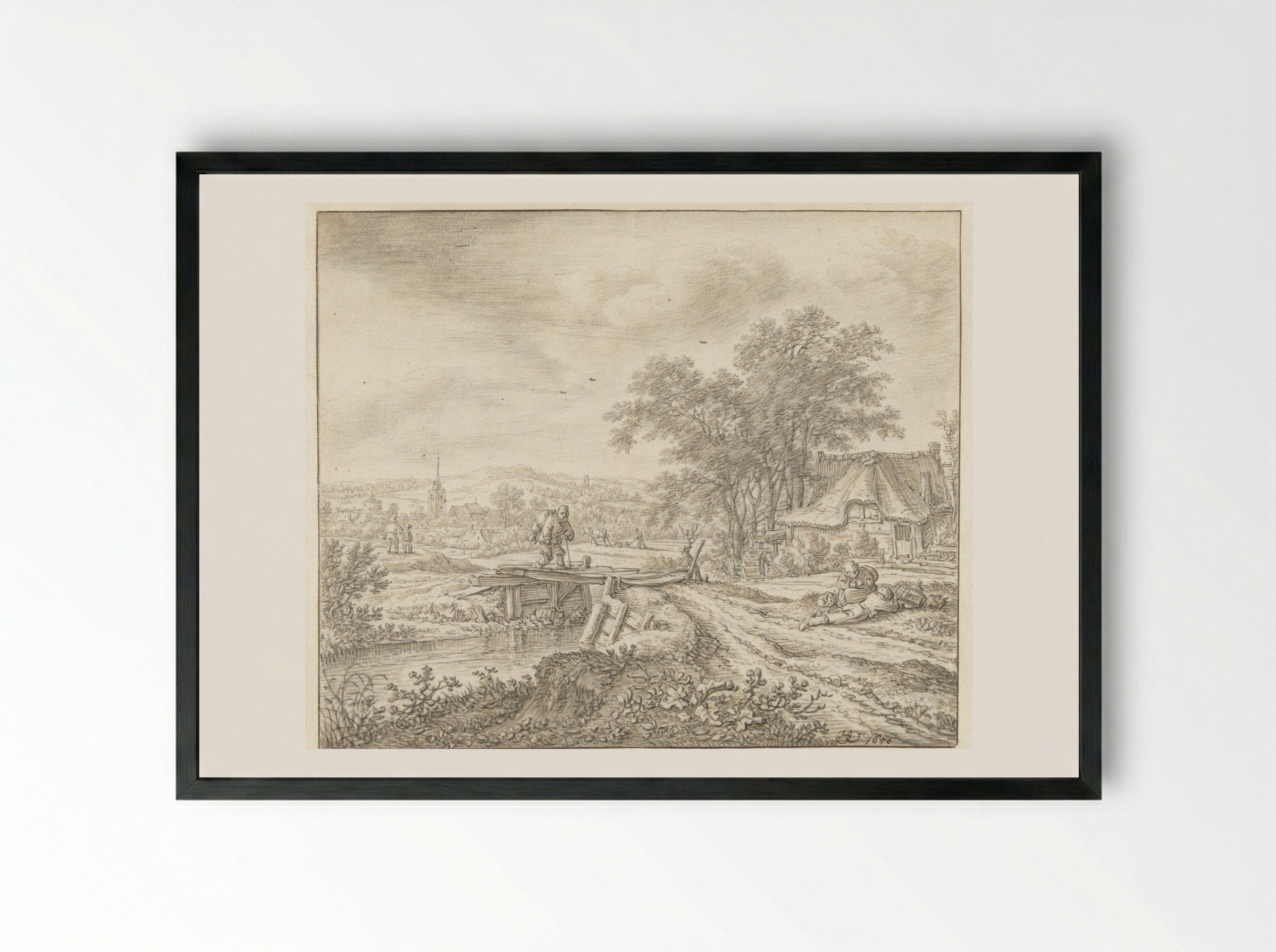 Hilly Landscape with a Farmhouse by a Small Bridge - Herman Saftleven - Framed Print Black