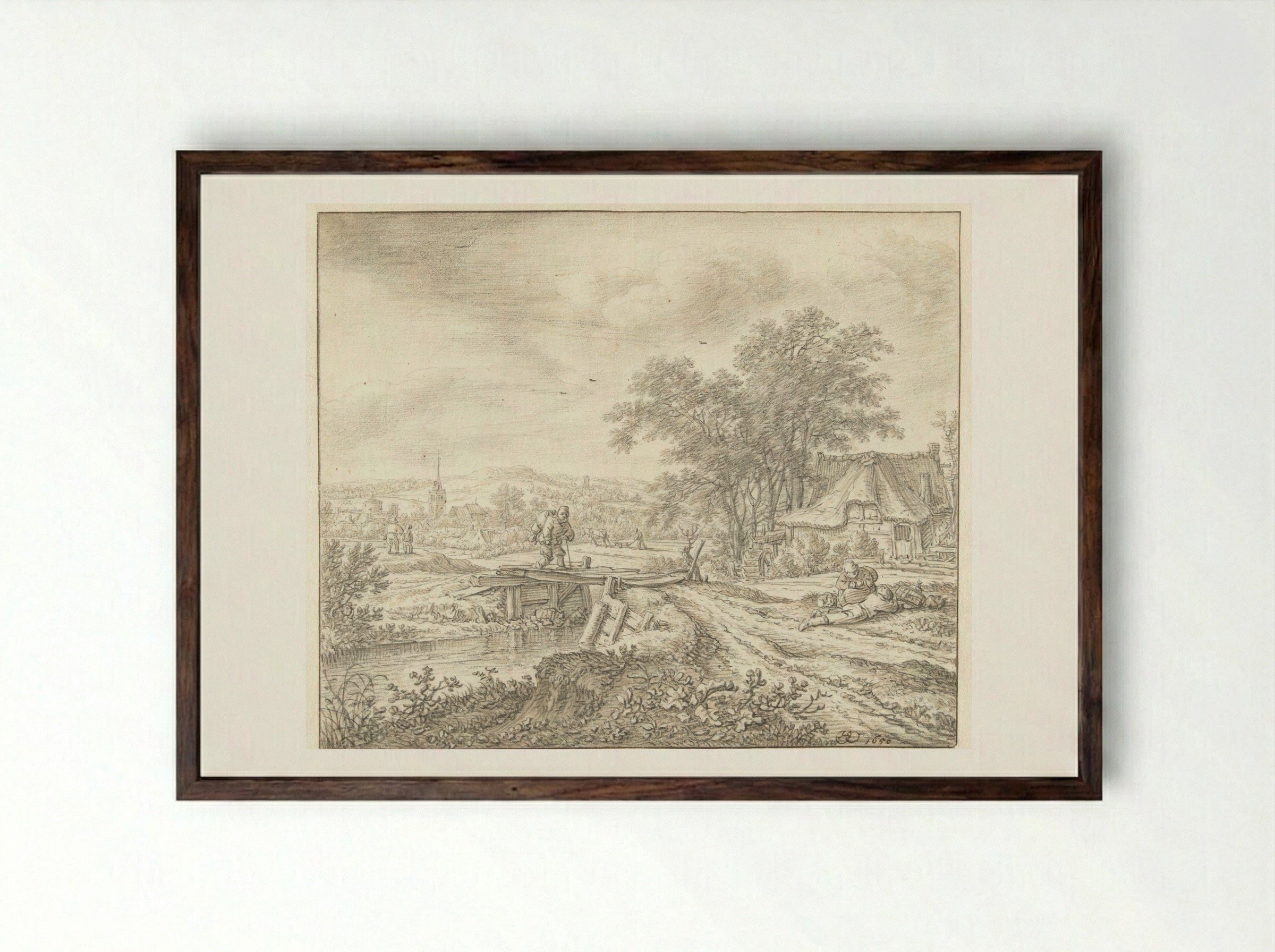 Hilly Landscape with a Farmhouse by a Small Bridge - Herman Saftleven - Framed Print Dark Wood
