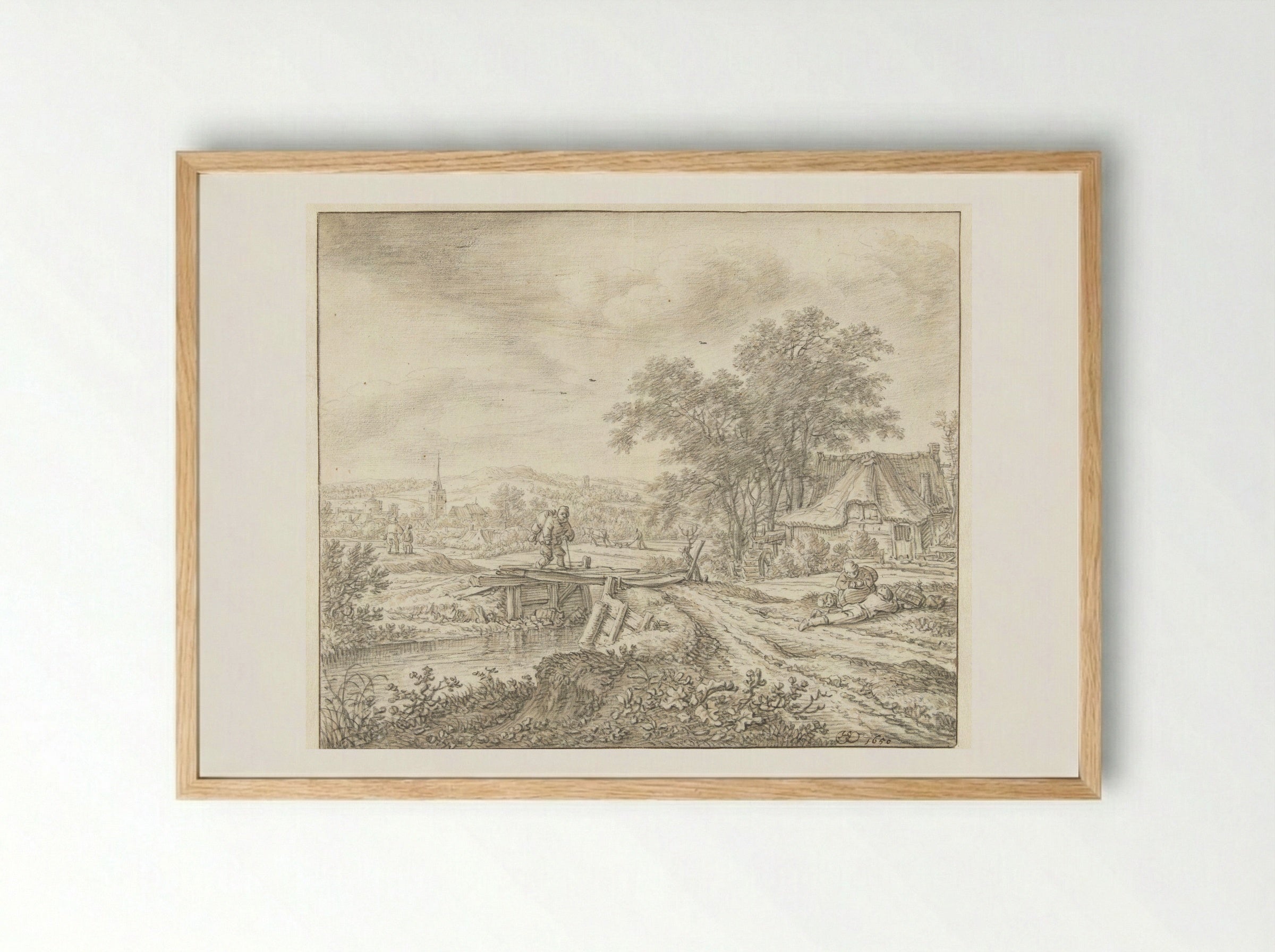 Hilly Landscape with a Farmhouse by a Small Bridge - Herman Saftleven - Framed Print Wood