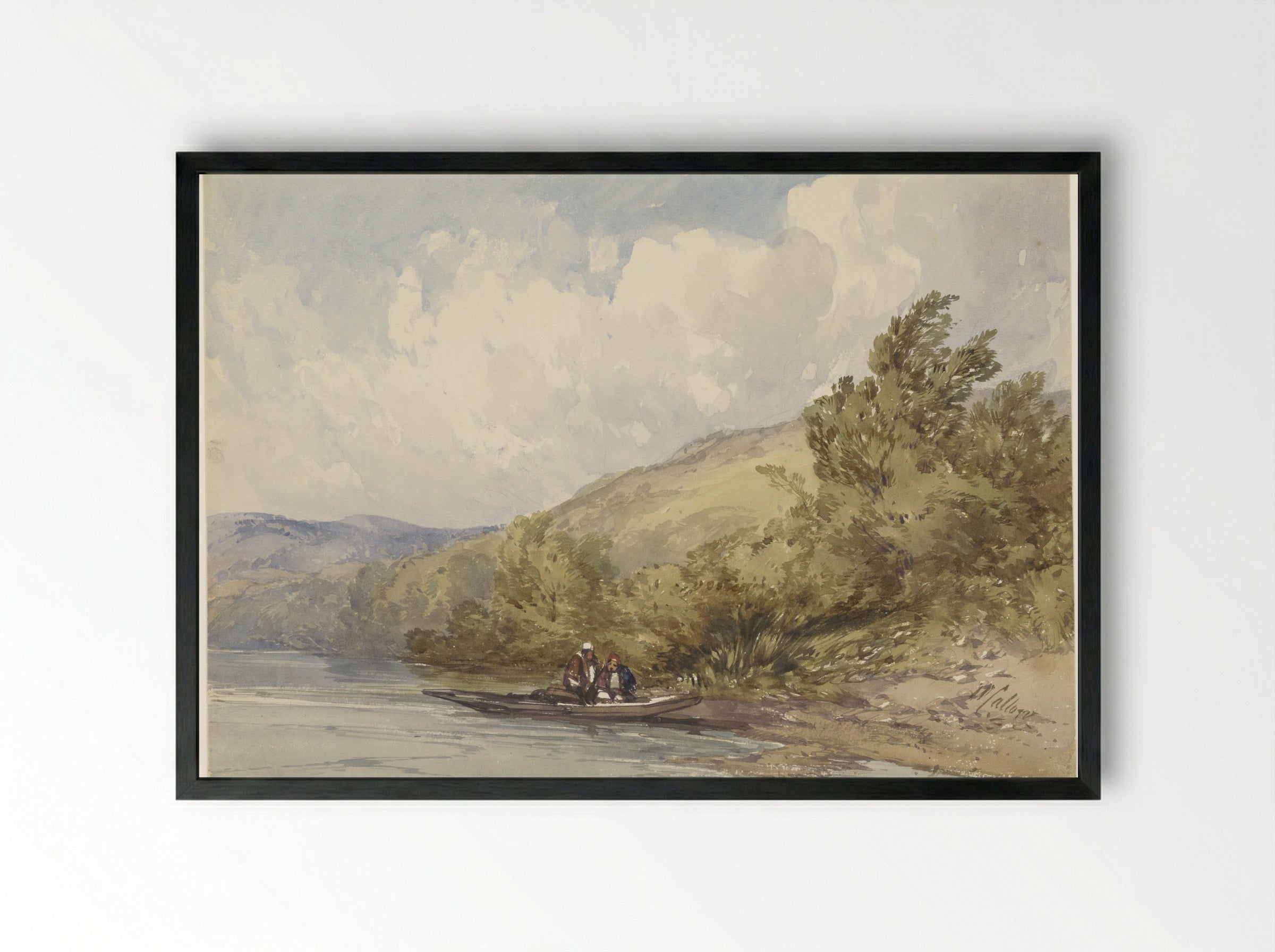 Hilly Landscape with a Lake and a Boat with Two Figures - William Callow - Framed Print Black