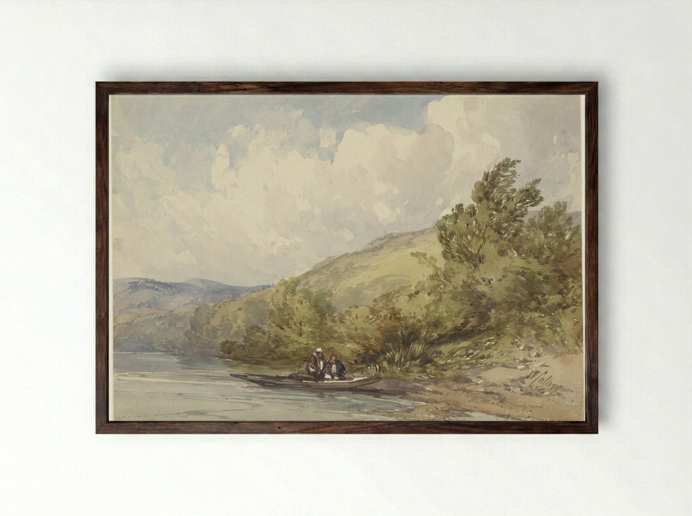 Hilly Landscape with a Lake and a Boat with Two Figures - William Callow - Framed Print Dark Wood