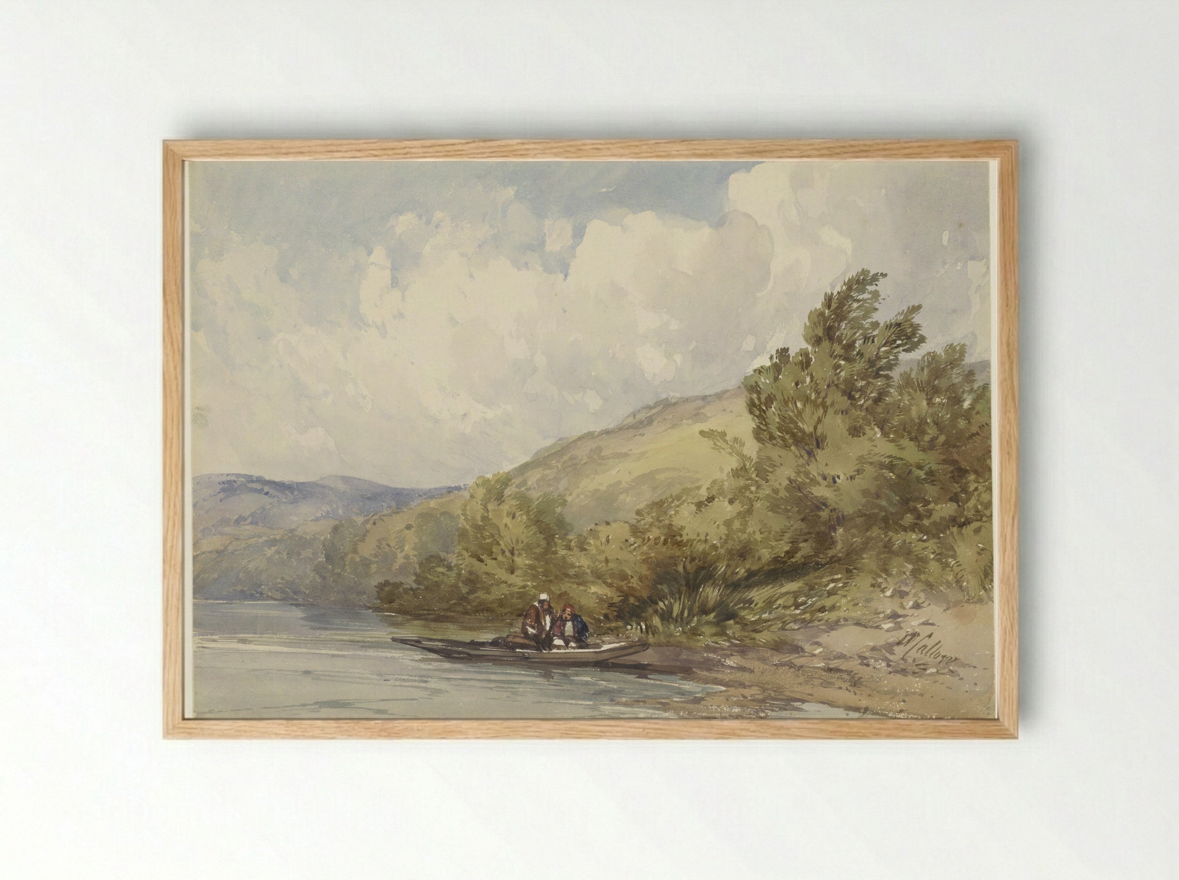 Hilly Landscape with a Lake and a Boat with Two Figures - William Callow - Framed Print Wood