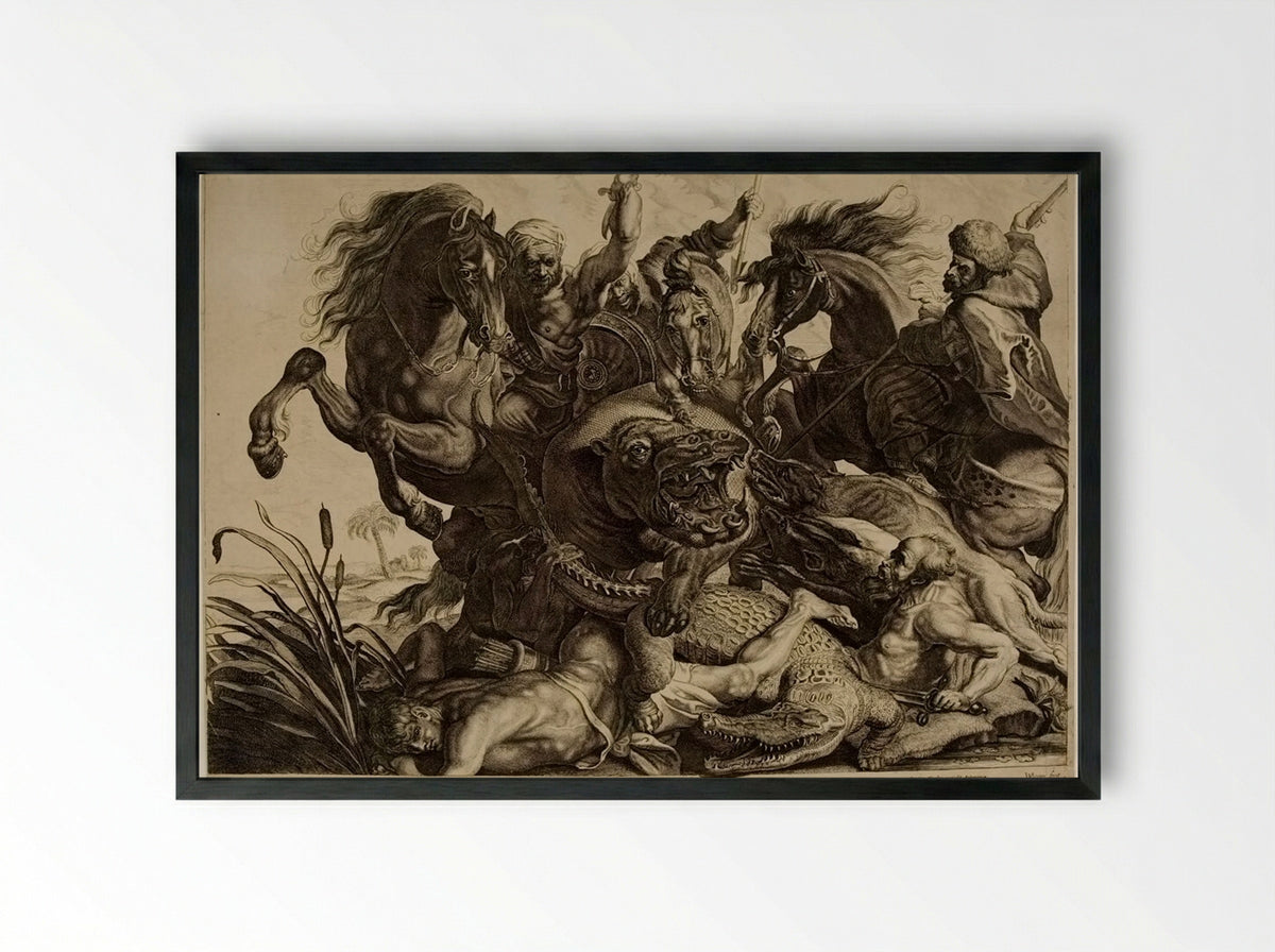 Hippopotamus and Crocodile Hunt - Willem Pietersz. de Leeuw - Framed Print Black