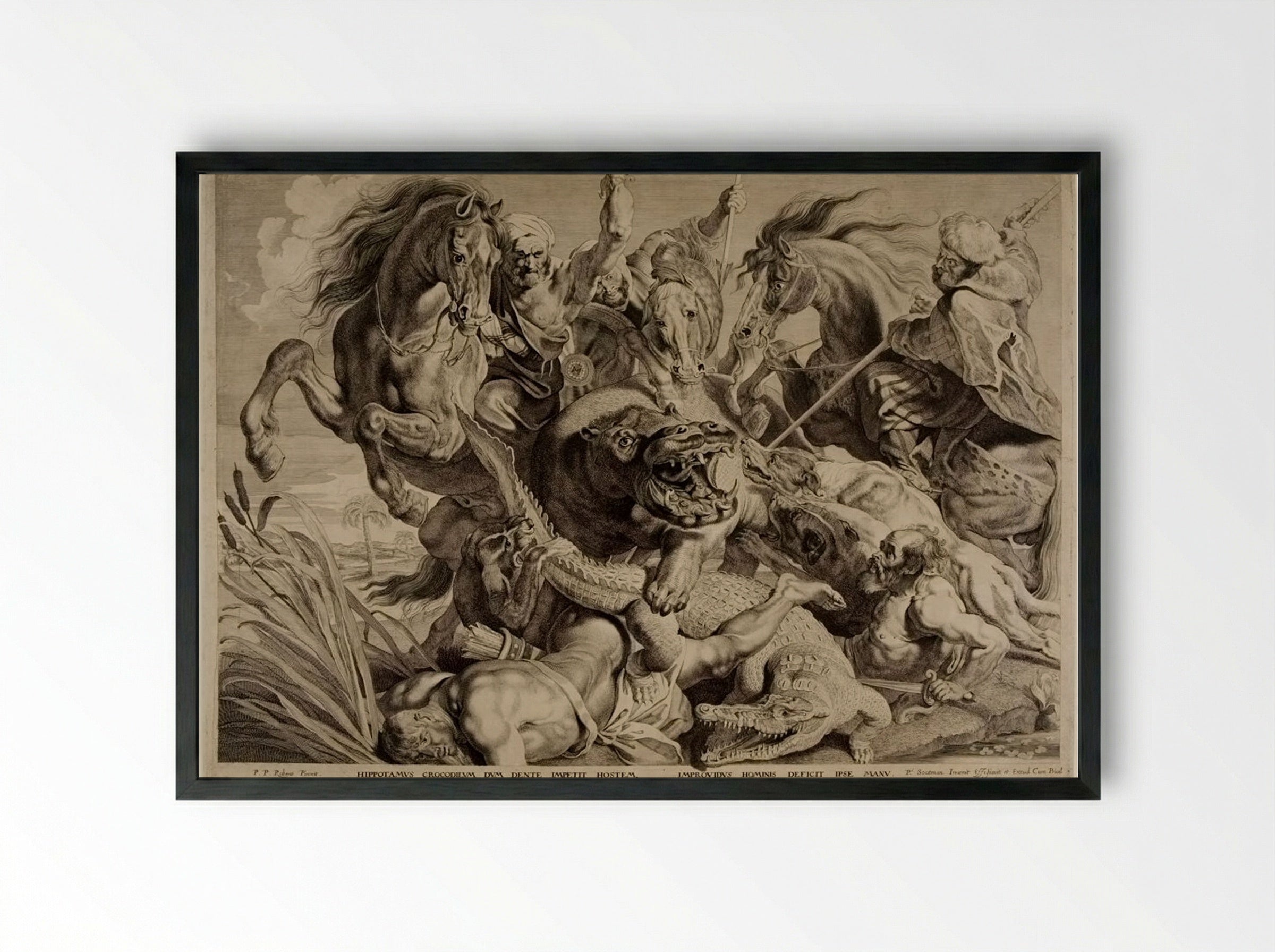 Hippopotamus and Crocodile Hunt - Pieter Soutman - Framed Print Black