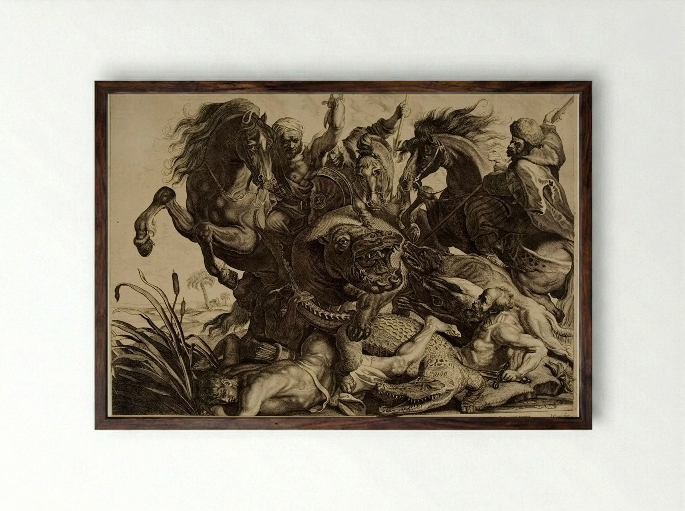 Hippopotamus and Crocodile Hunt - Willem Pietersz. de Leeuw - Framed Print Dark Wood