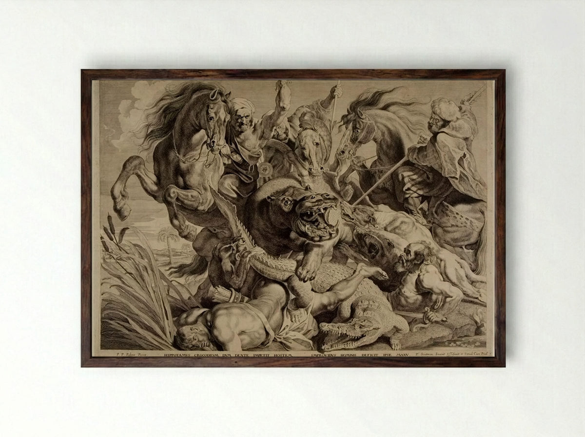 Hippopotamus and Crocodile Hunt - Pieter Soutman - Framed Print Dark Wood