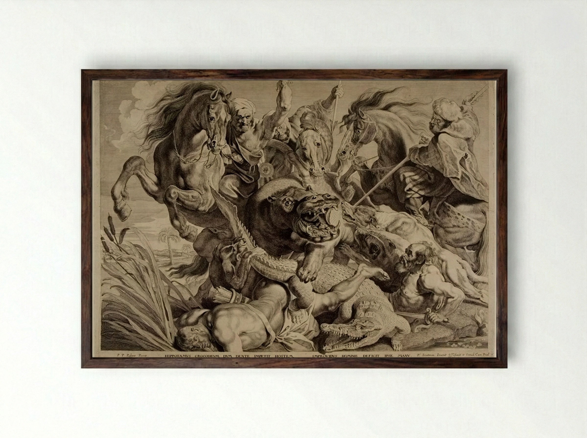 Hippopotamus and Crocodile Hunt - Pieter Soutman - Framed Print Dark Wood