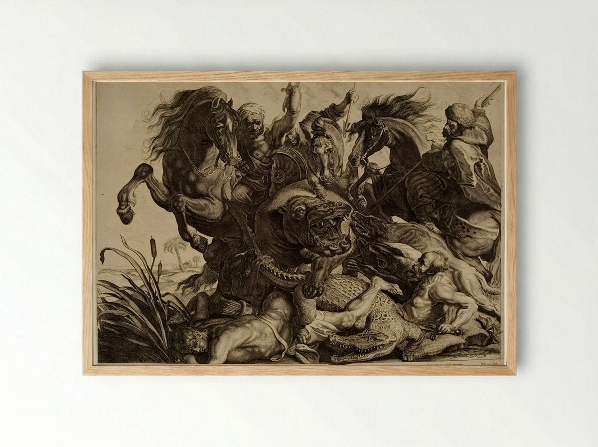 Hippopotamus and Crocodile Hunt - Willem Pietersz. de Leeuw - Framed Print Wood