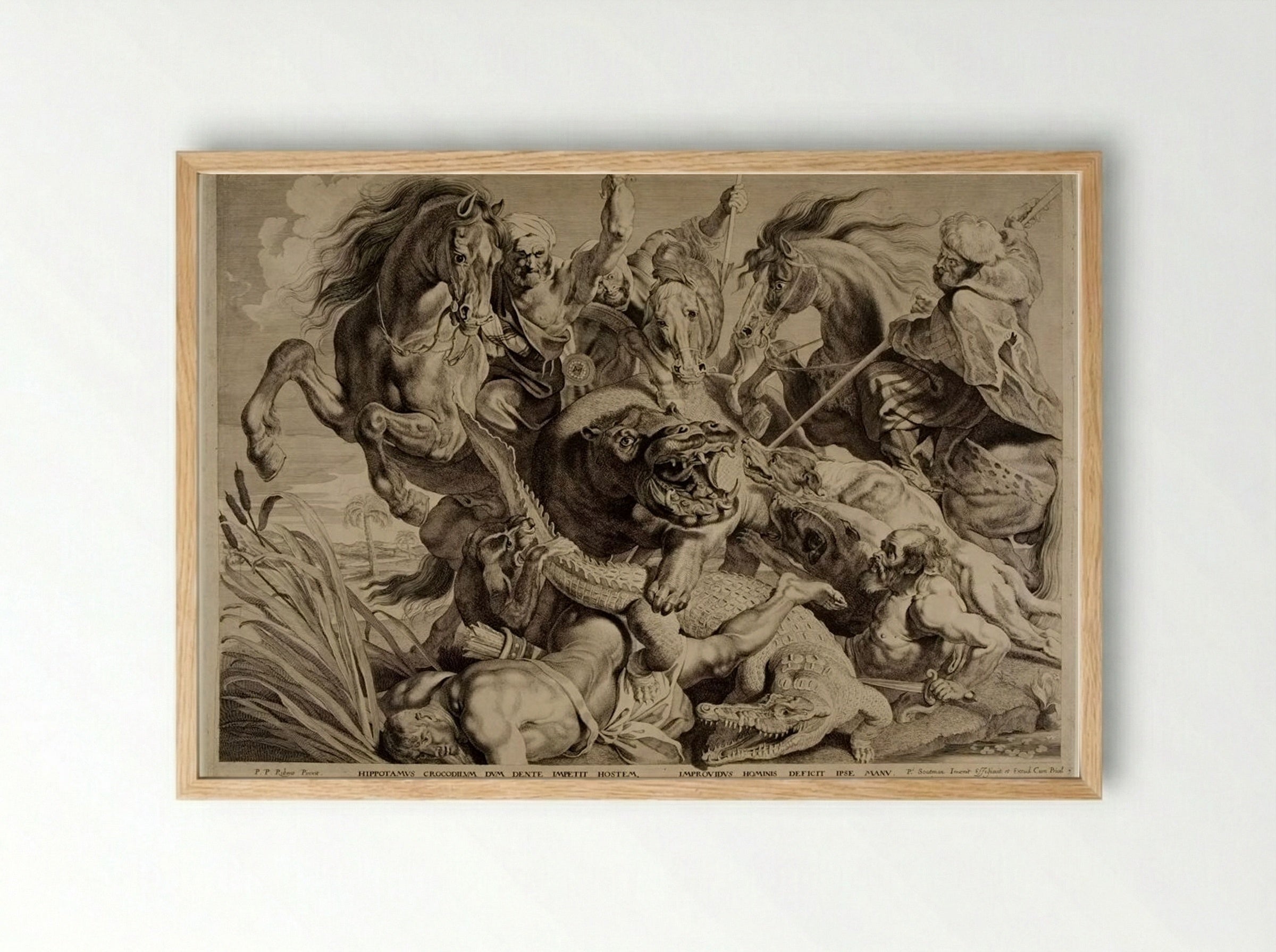 Hippopotamus and Crocodile Hunt - Pieter Soutman - Framed Print Wood