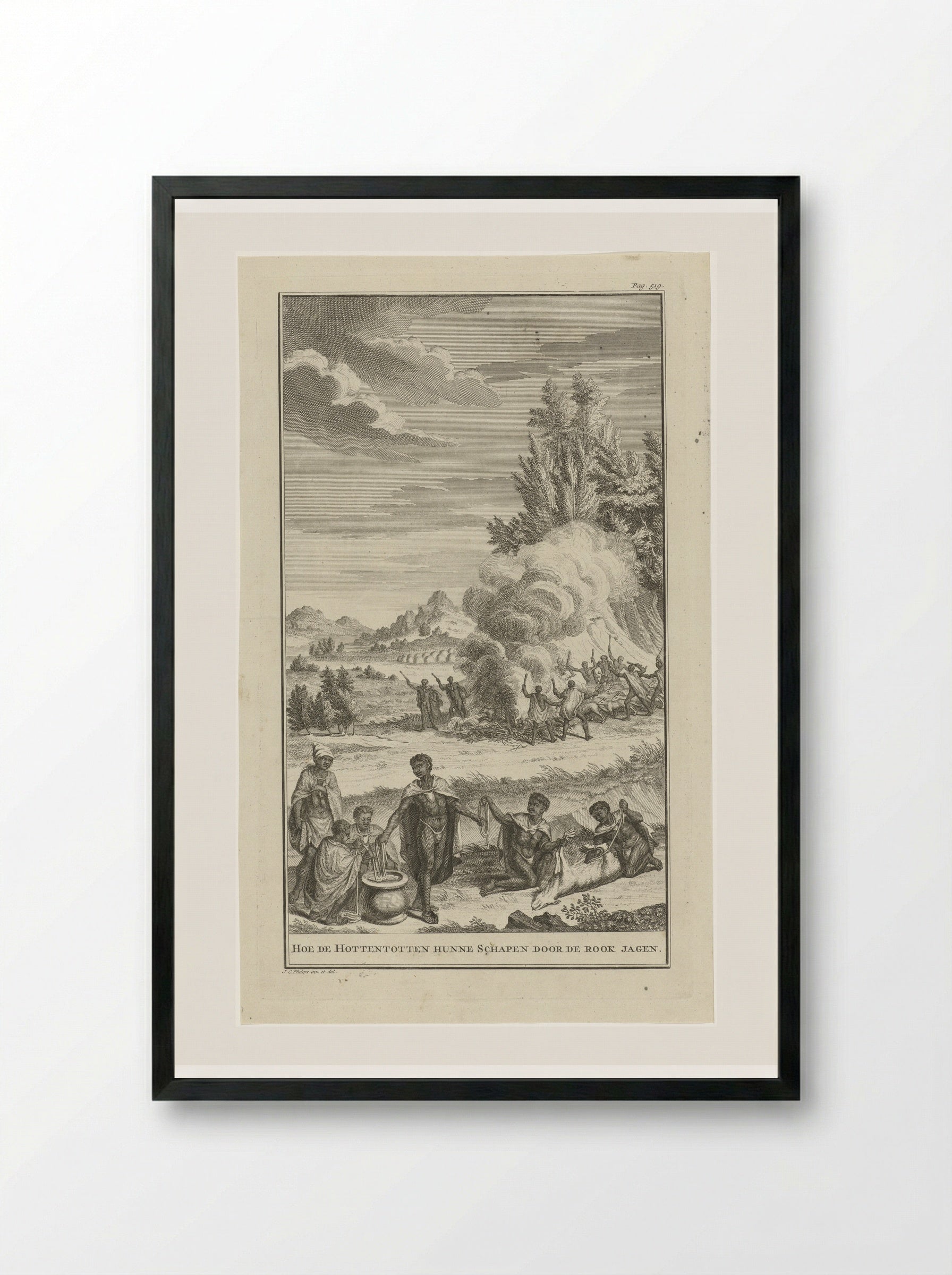 Hoe de Hottentotten hunne schapen door de rook jagen - Jan Caspar Philips - Framed Print Black