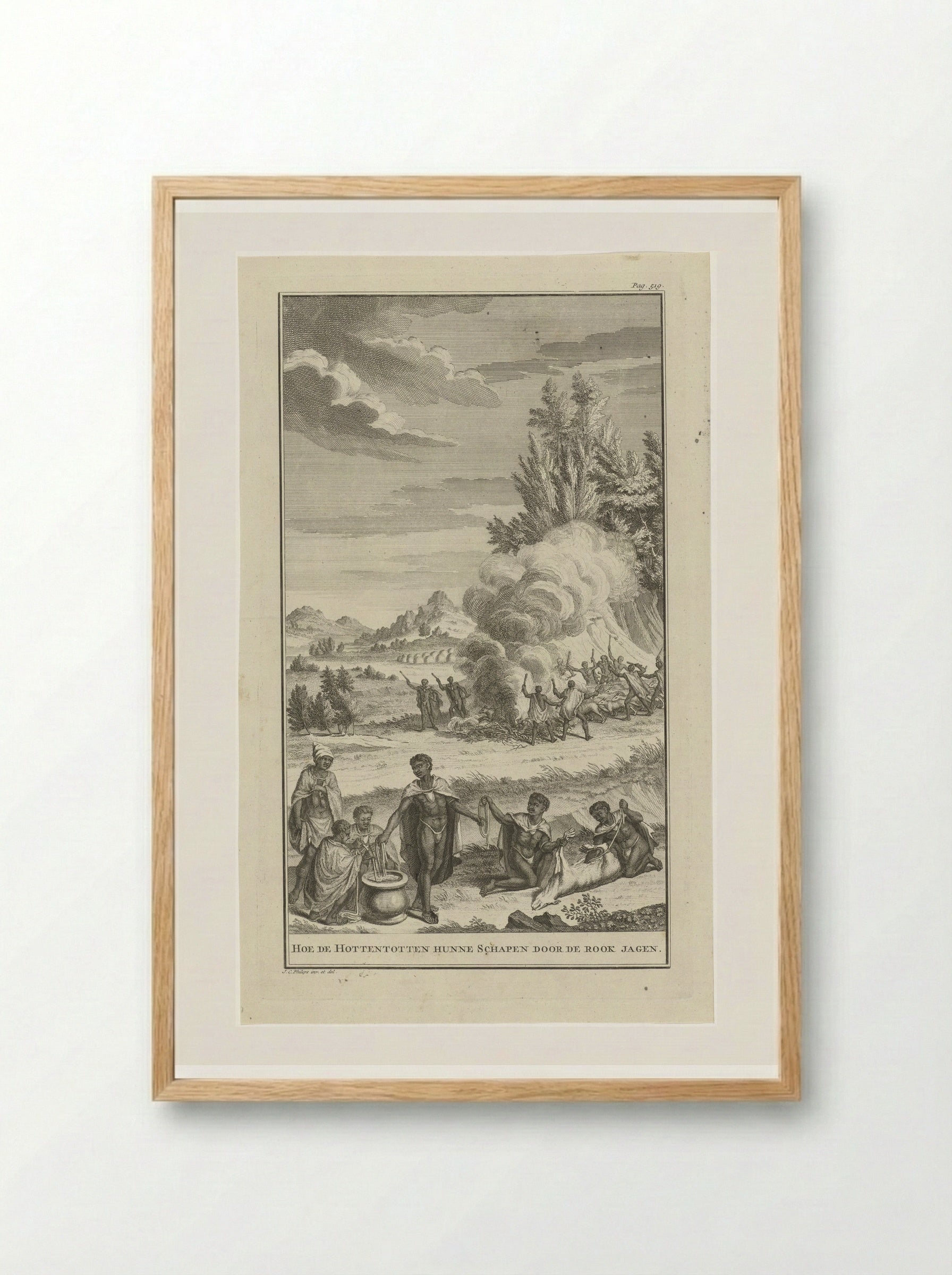 Hoe de Hottentotten hunne schapen door de rook jagen - Jan Caspar Philips - Framed Print Wood