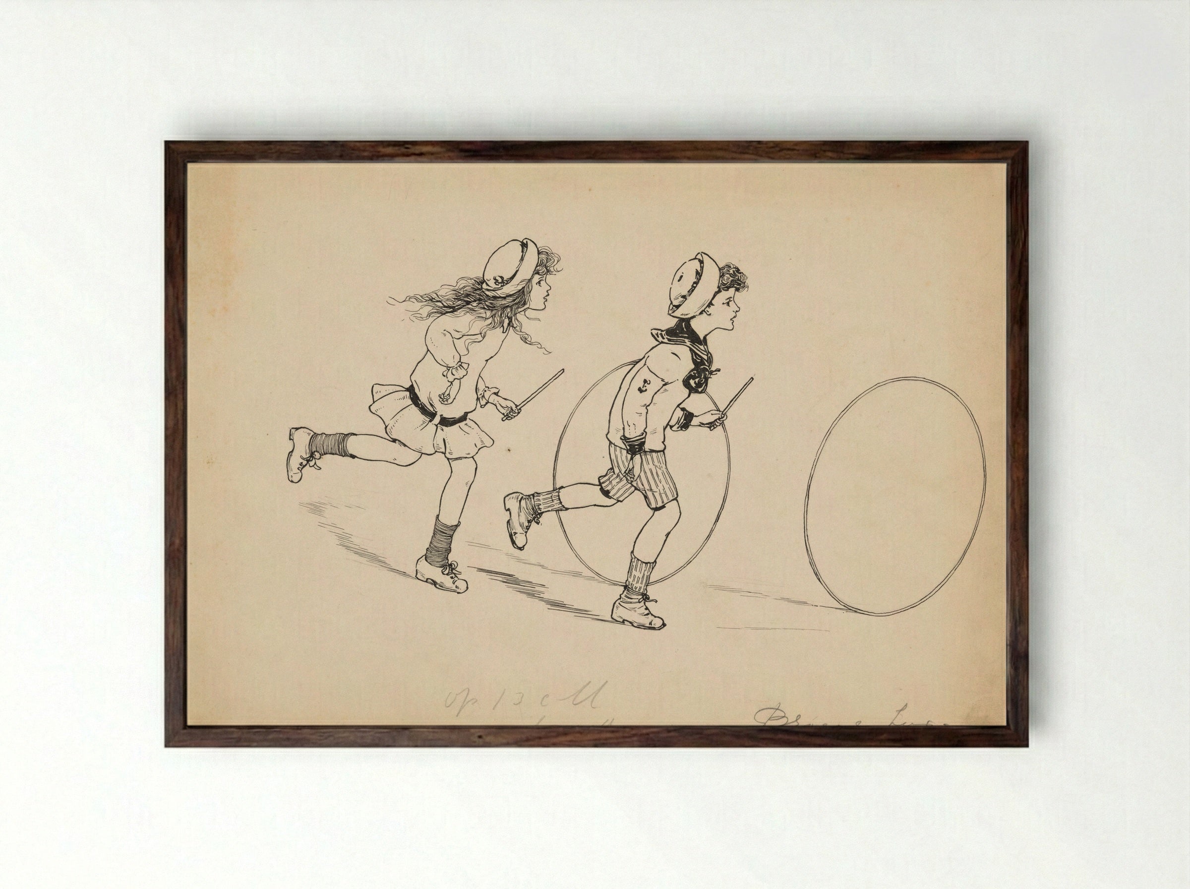 Hoepelende broer en zus - Nelly Spoor - Framed Print Dark Wood