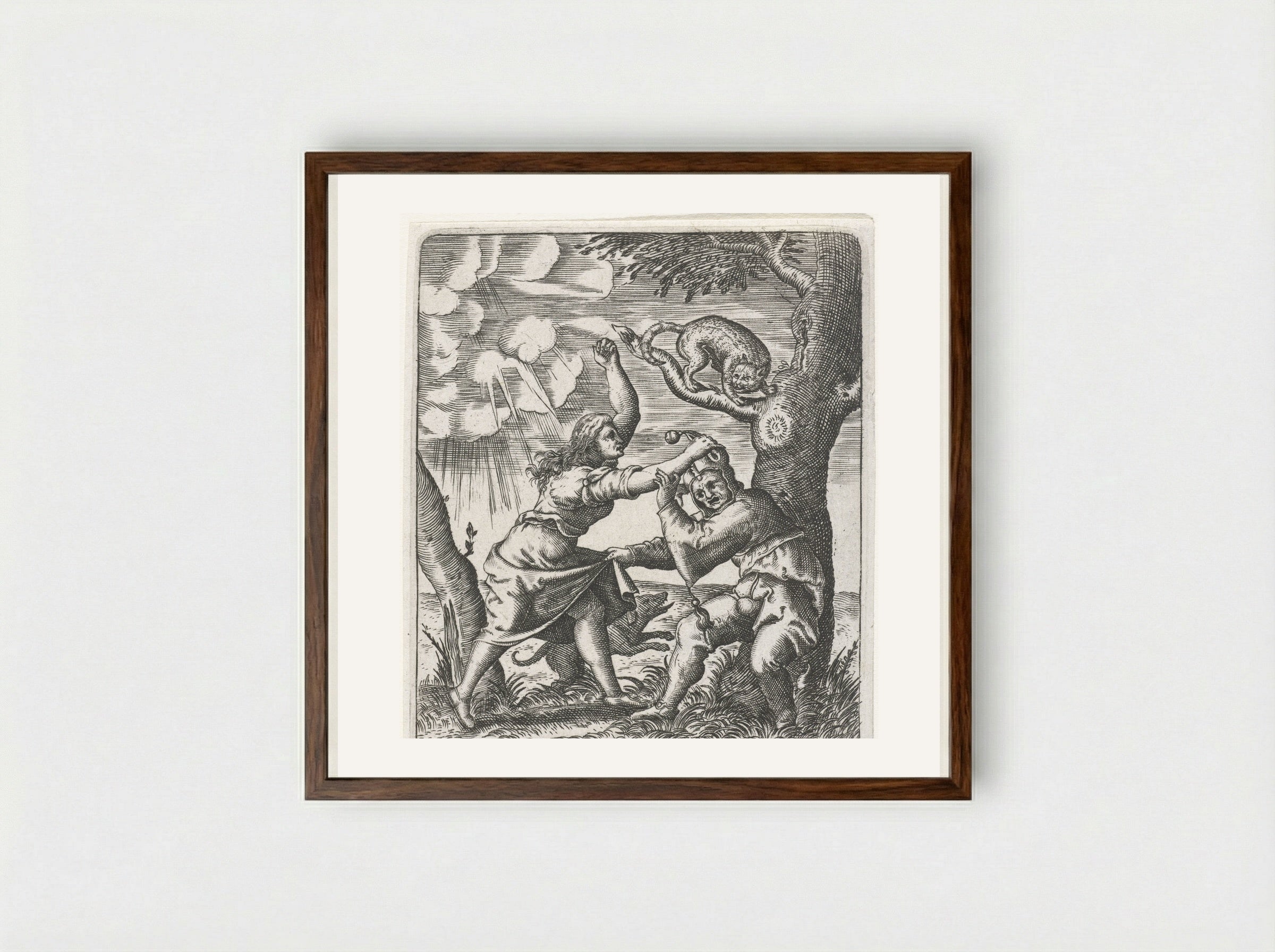 Hoer die een nar afranselt (A Prostitute Beating a Fool) - Johann Theodor de Bry - Framed Print Dark Wood