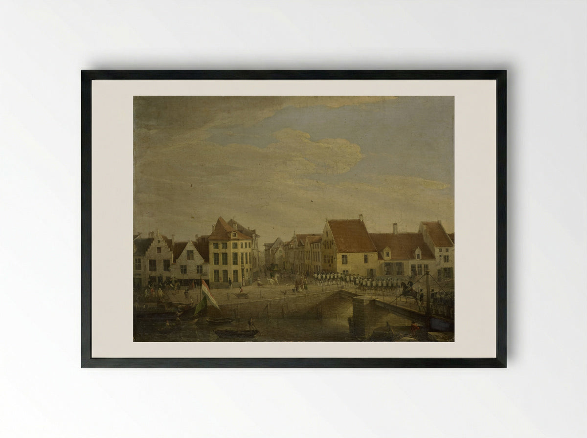 Hollandse troepen trekken door de vestingstad Dendermonde - Petrus Groenia - Framed Print Black